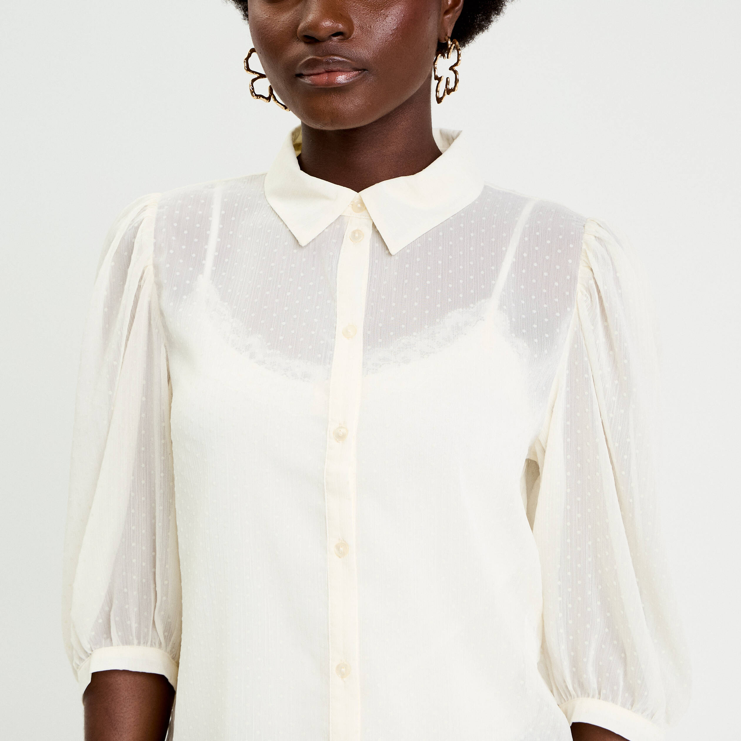 Chemise droite courte voile manches 3/4 ecru femme