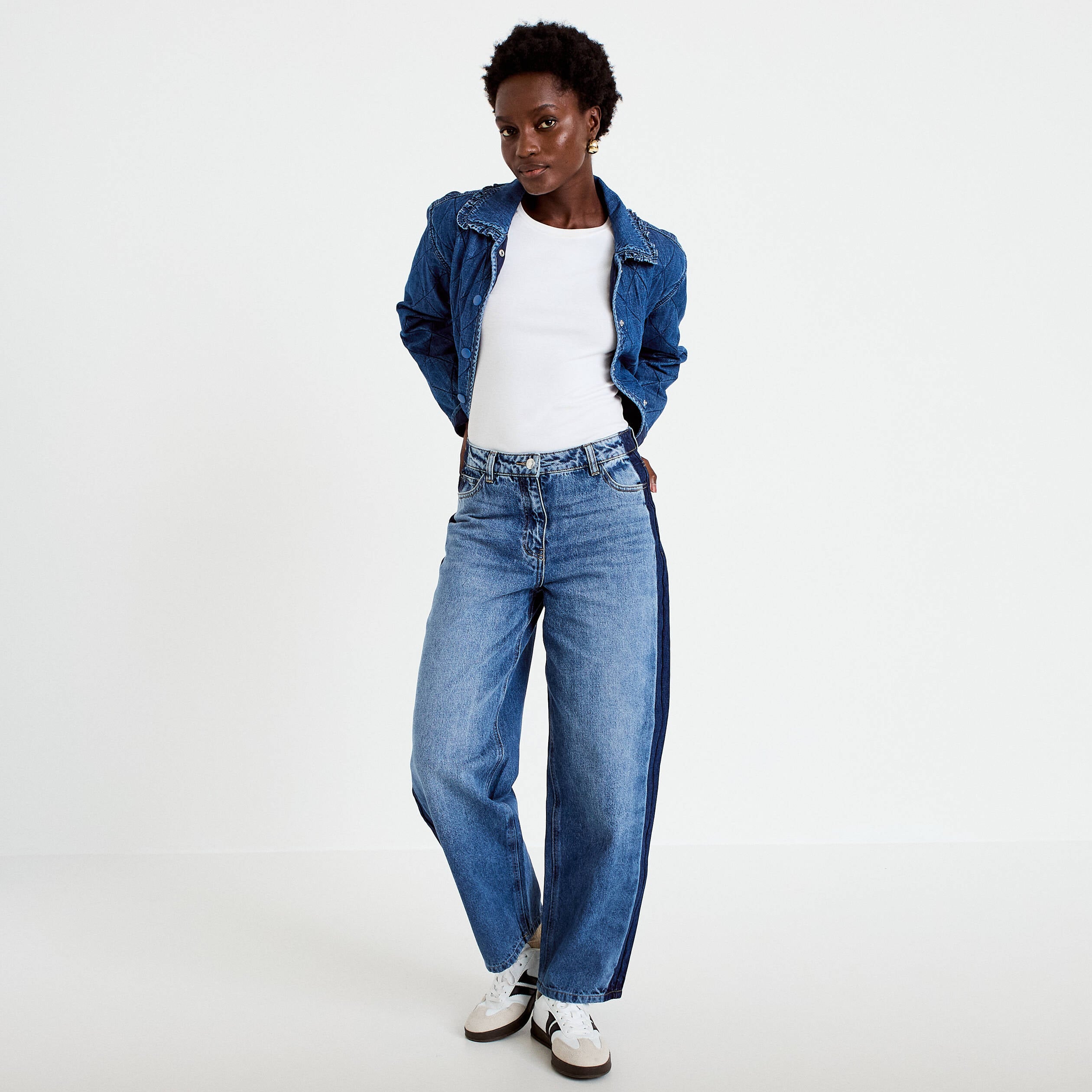 Jean mom cropped denim double stone femme