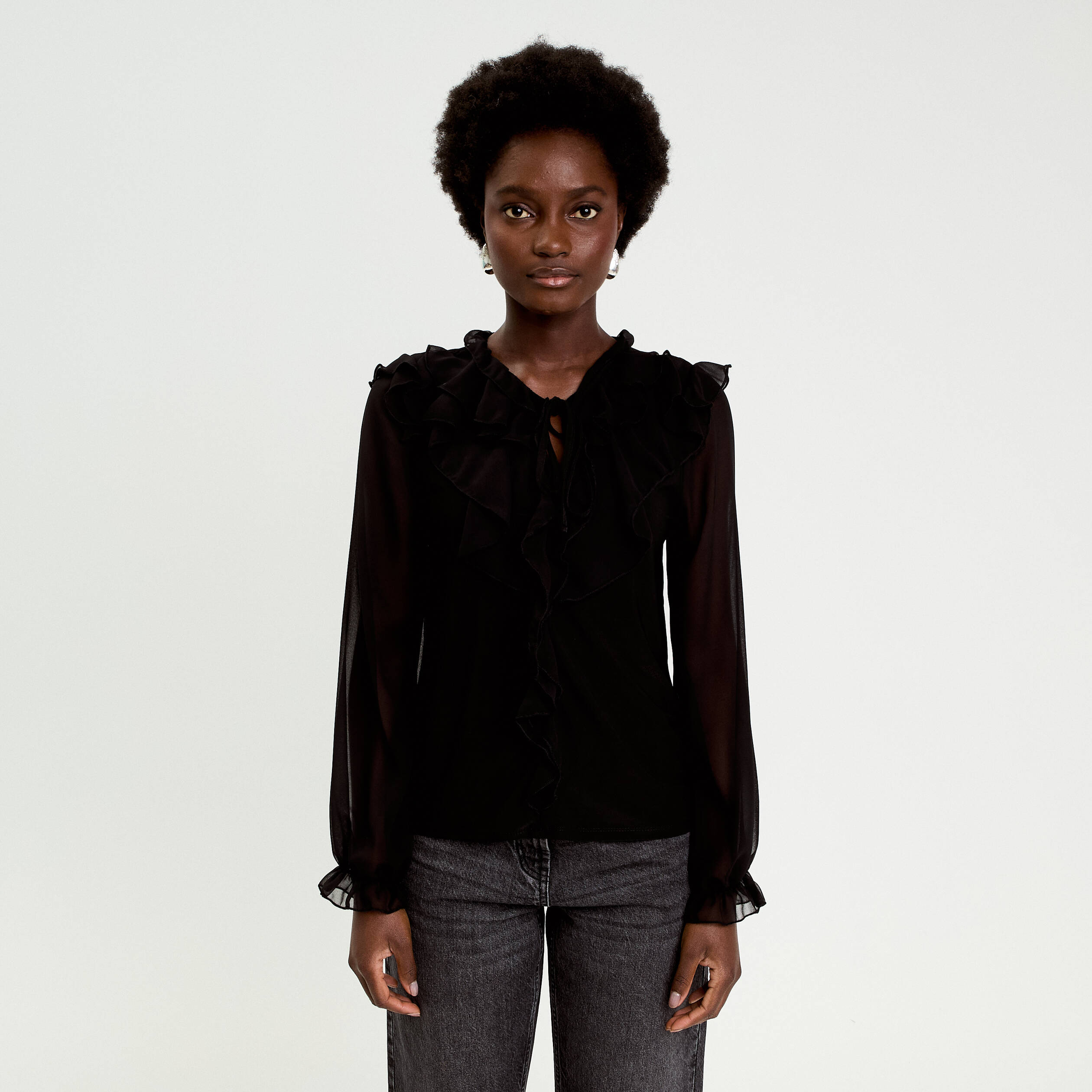 Blouse col v manches longues noir femme