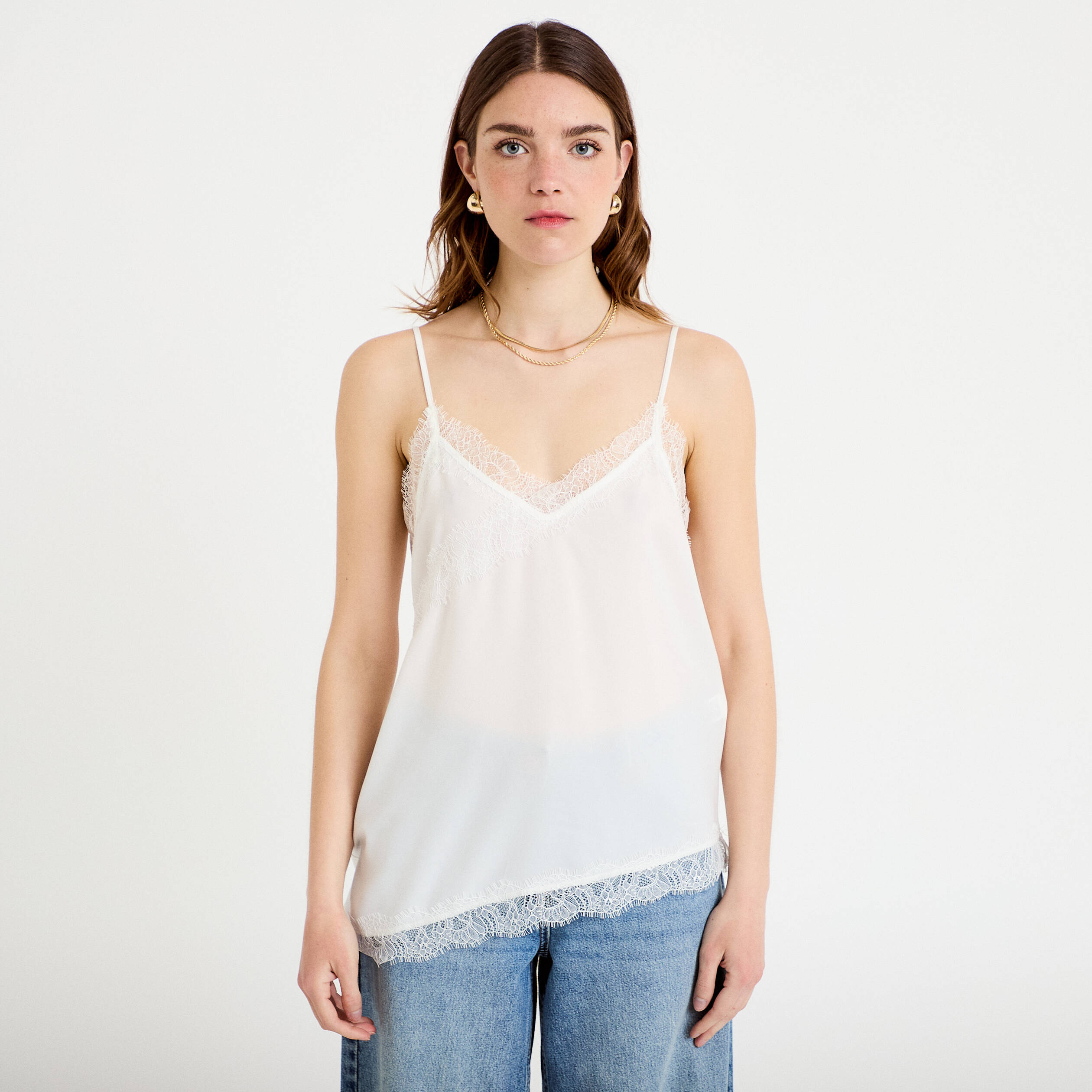 D&eacute;bardeur ajust&eacute; d&eacute;collet&eacute; dentelle blanc femme