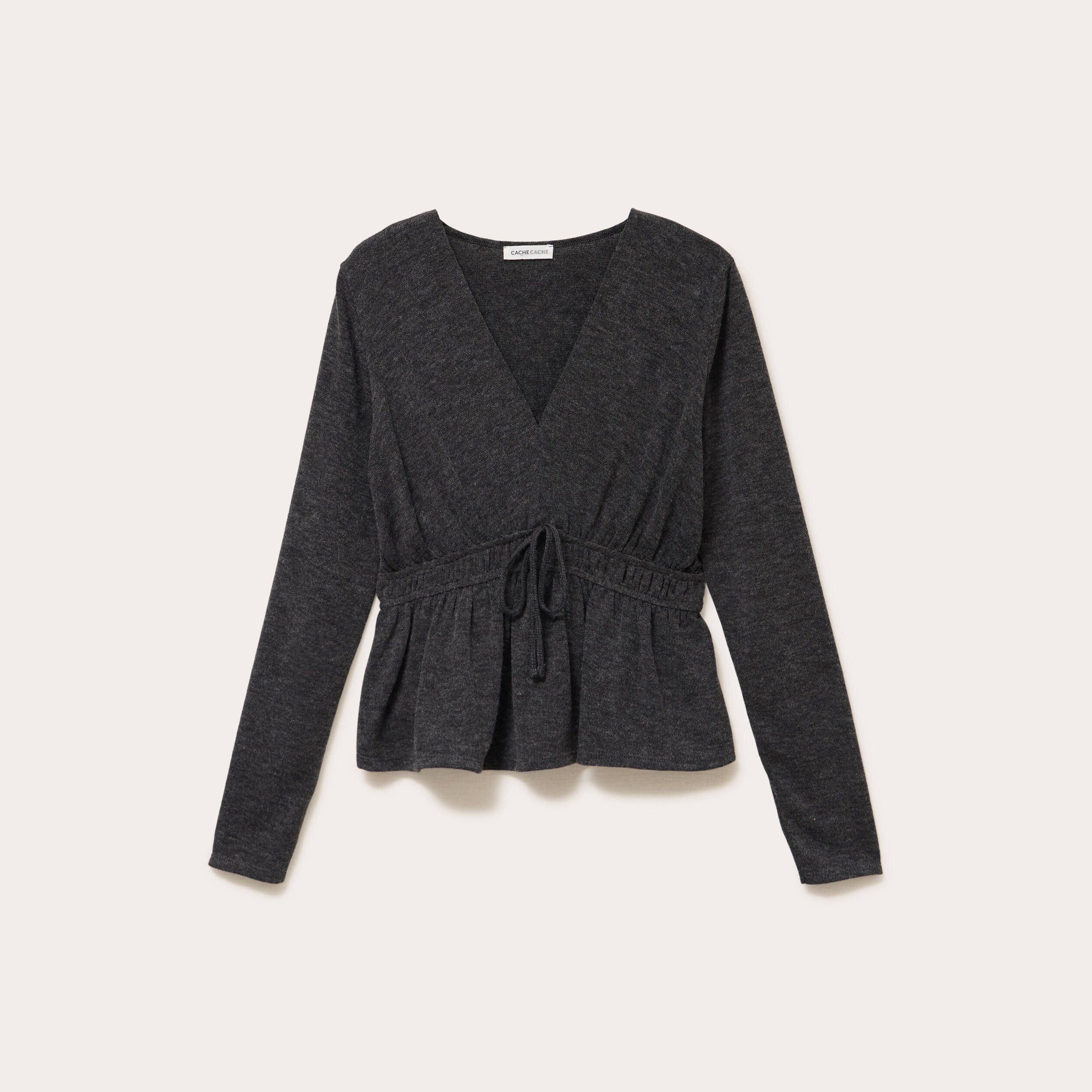 Blouse cintr&eacute;e col v manches longues gris fonc&eacute; femme