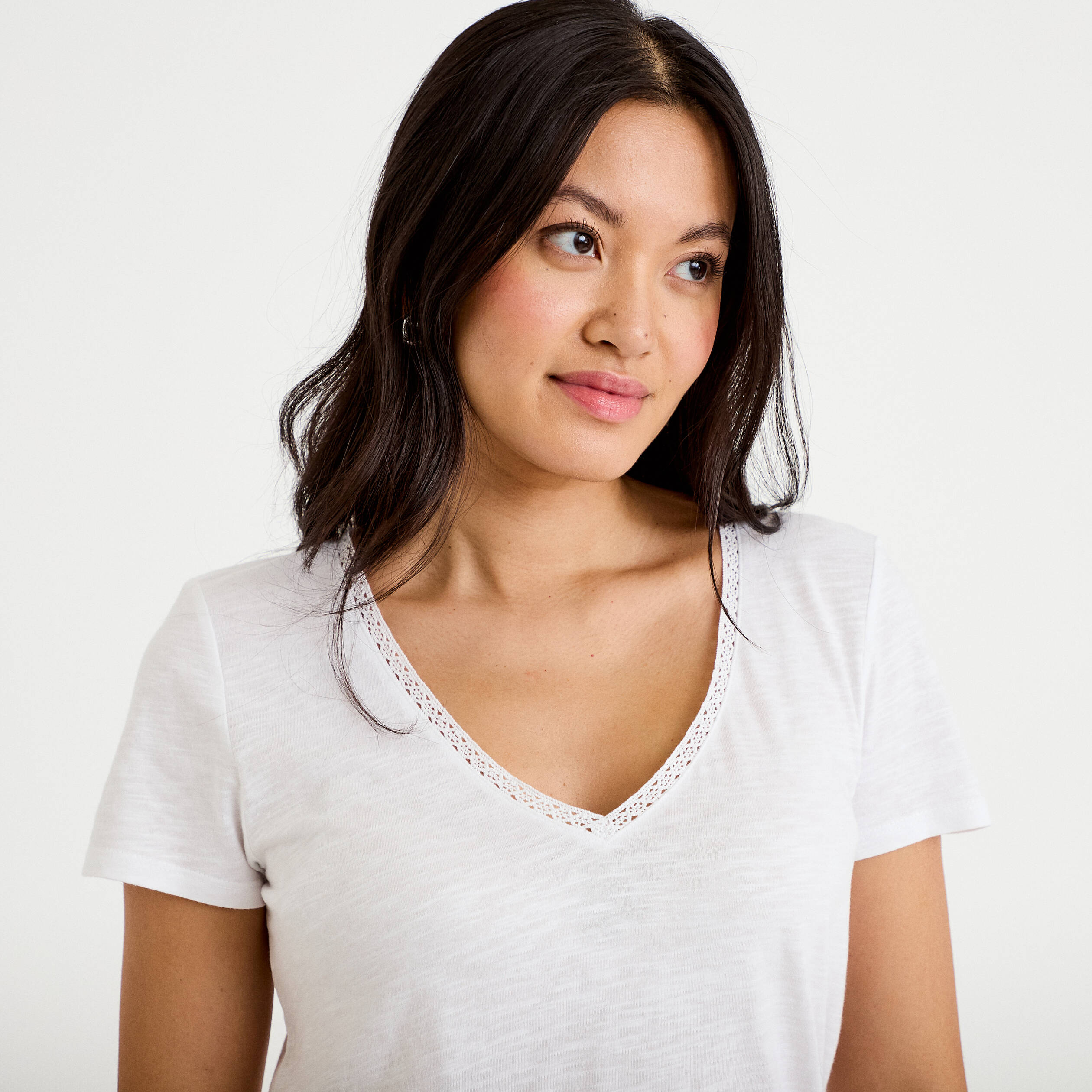 T-shirt col v manches courtes blanc femme