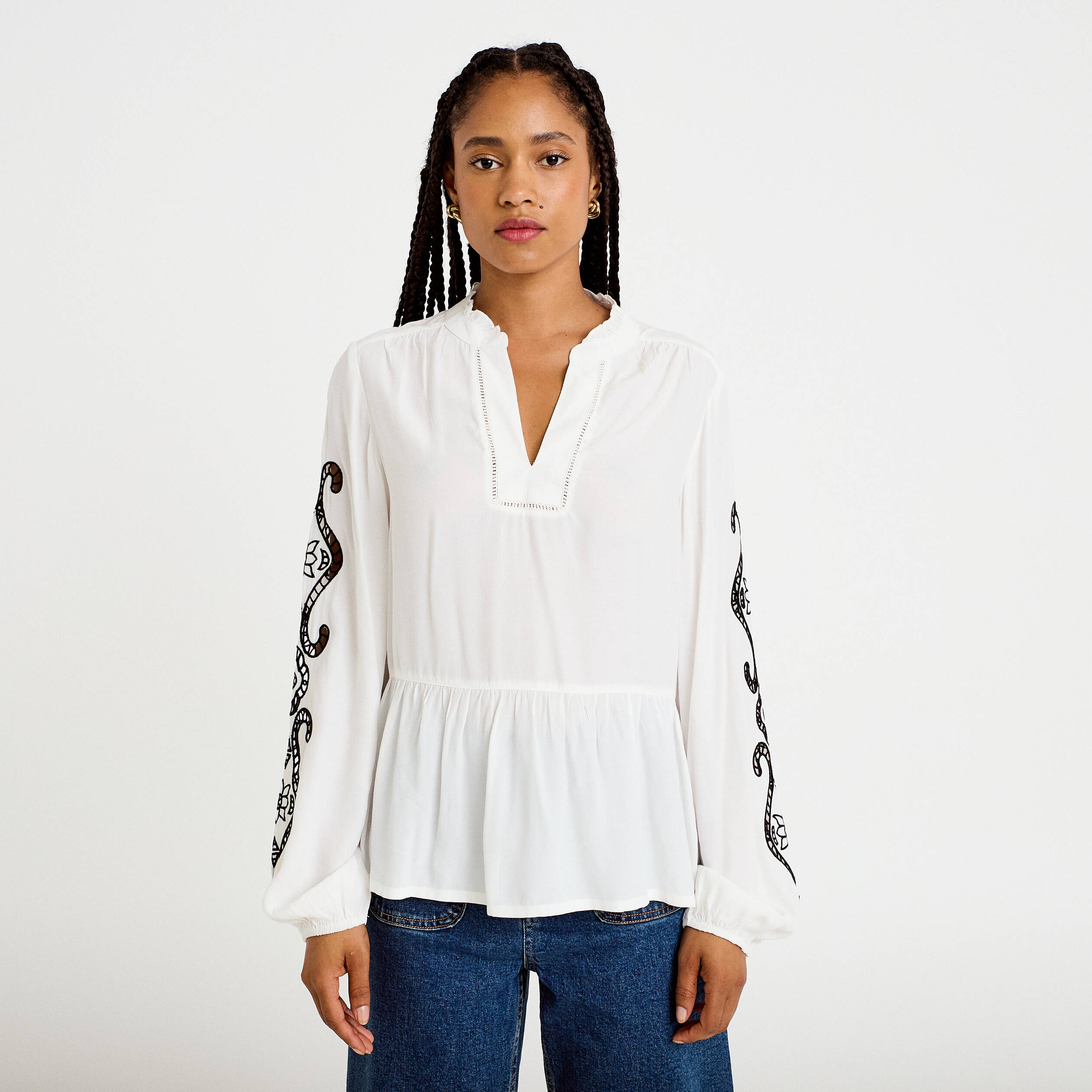 Blouse col v manches longues ecru femme