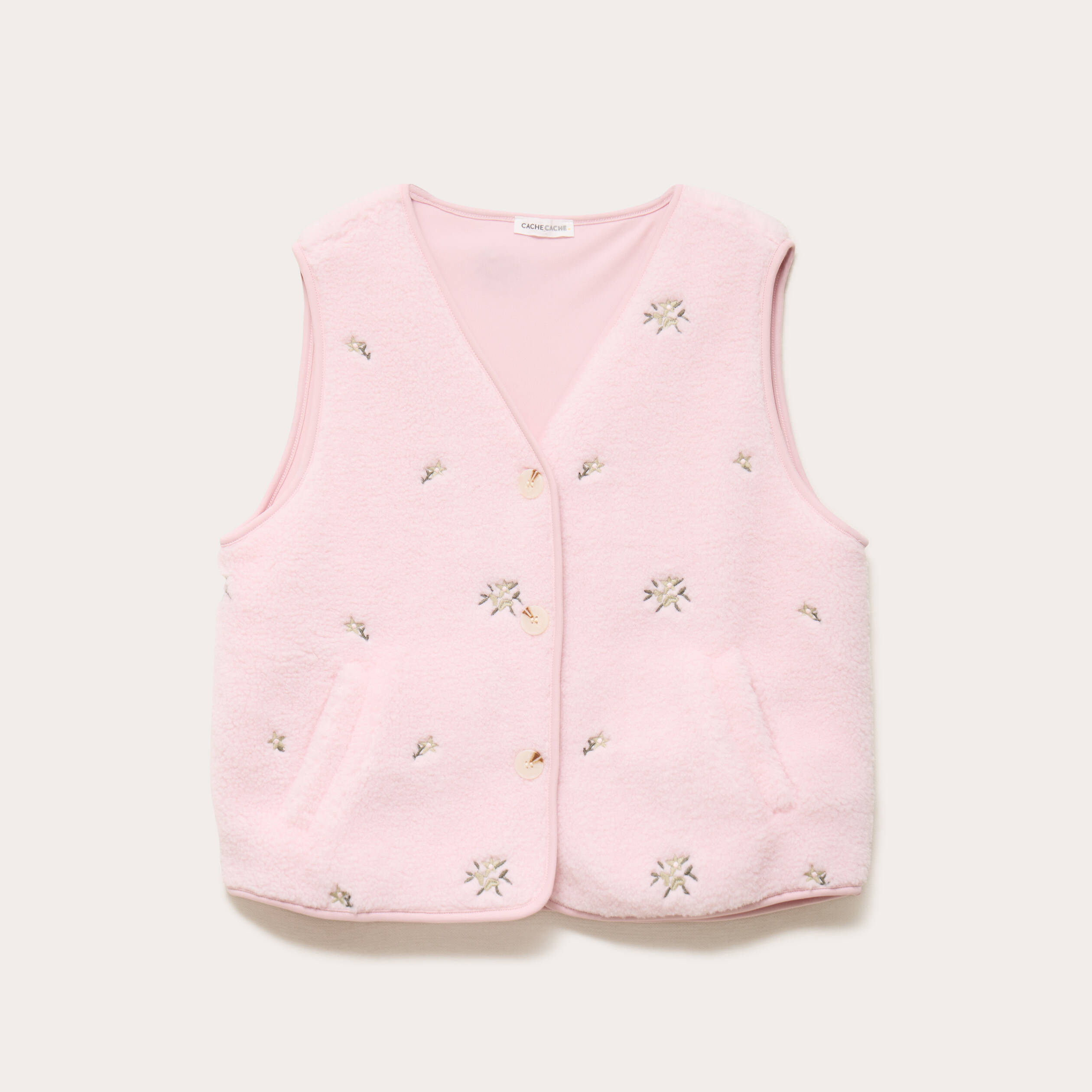 Gilet sans manches brod&eacute; effet polaire vieux rose femme