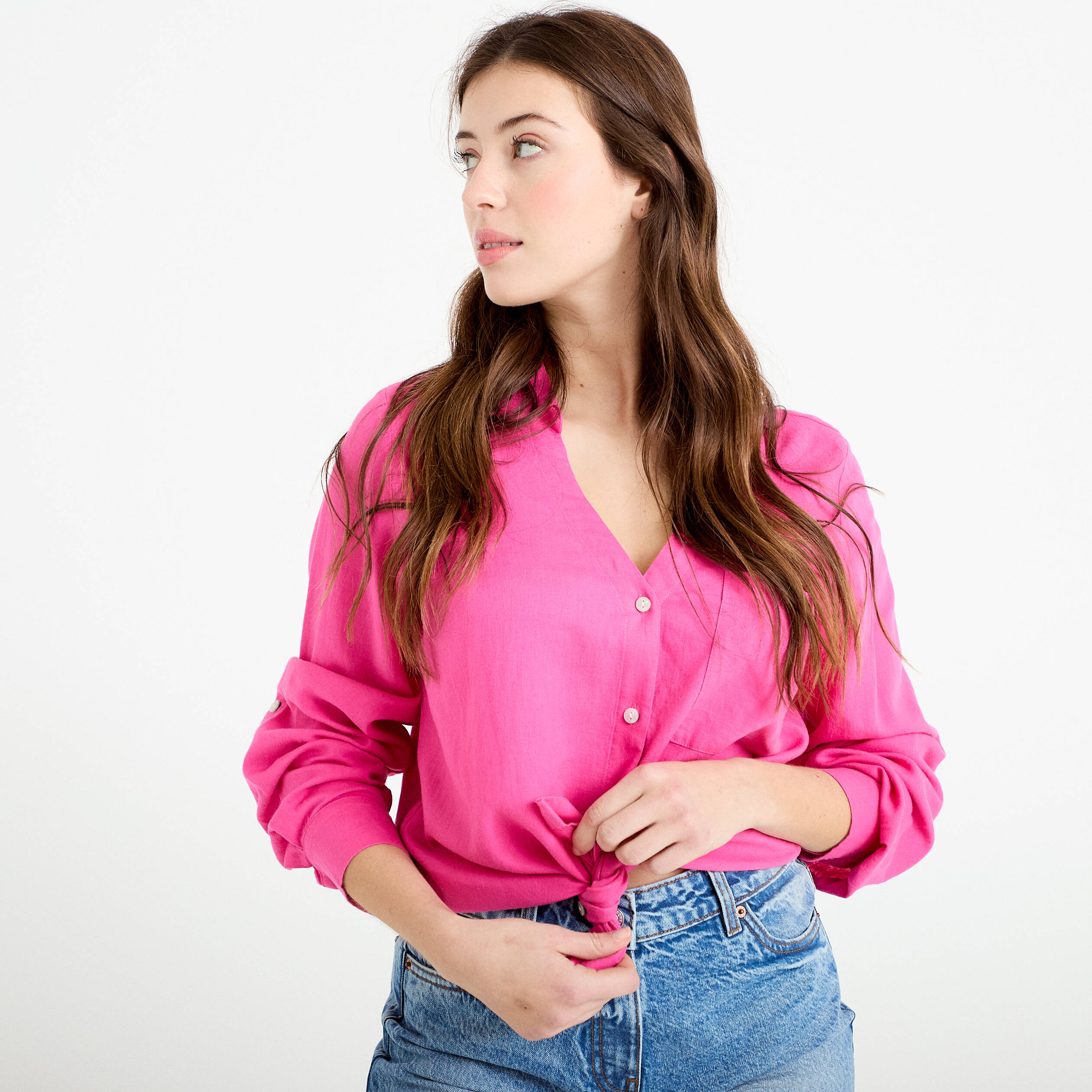 Chemise lin col V manches longues rose femme