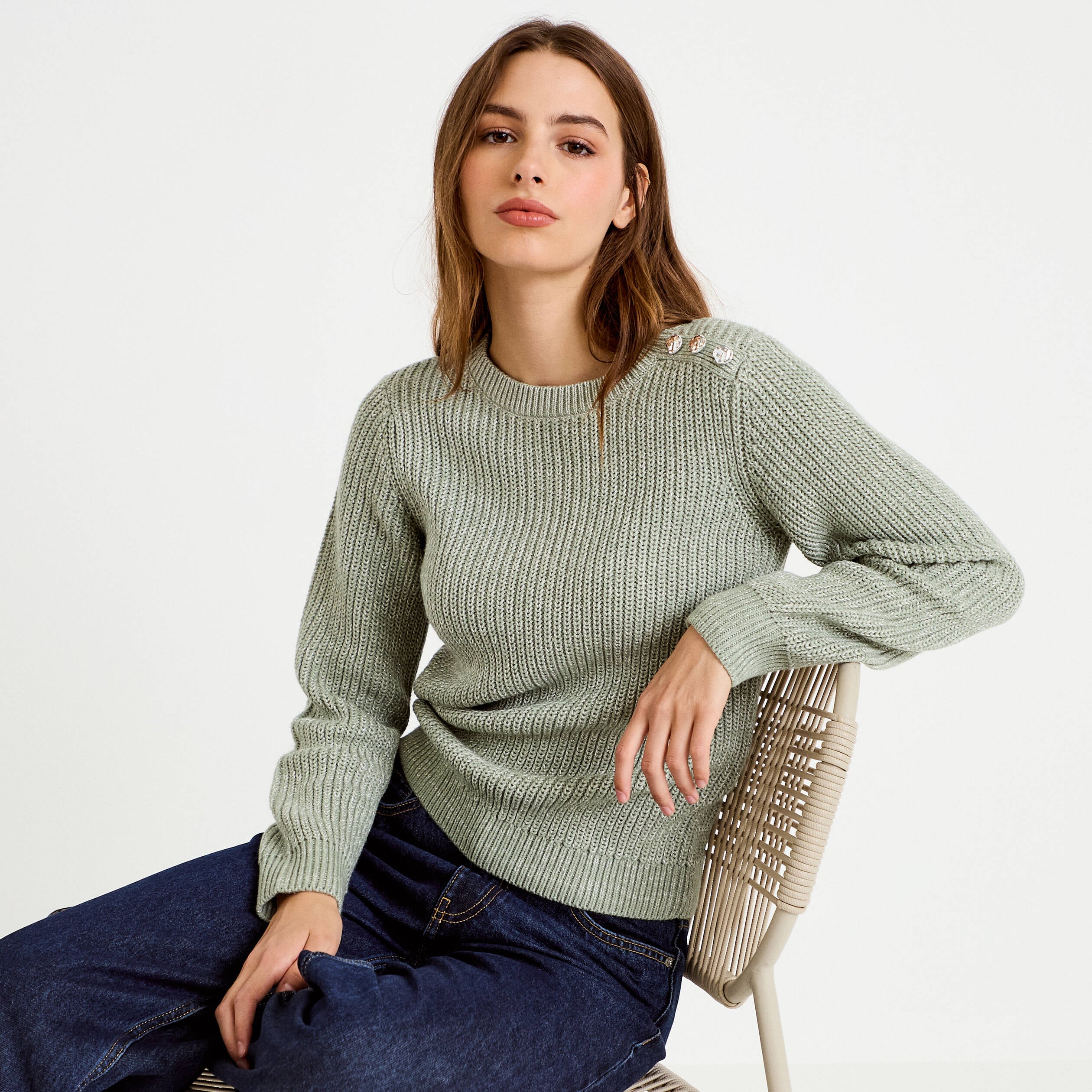 Pull manches longues brillant vert pastel femme