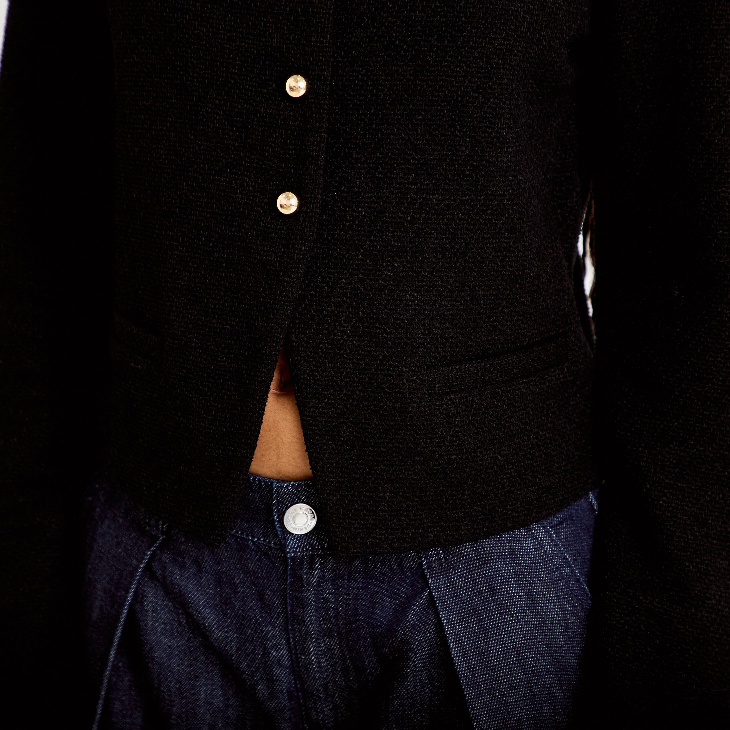 Veste tweed droite cropped col rond noir femme