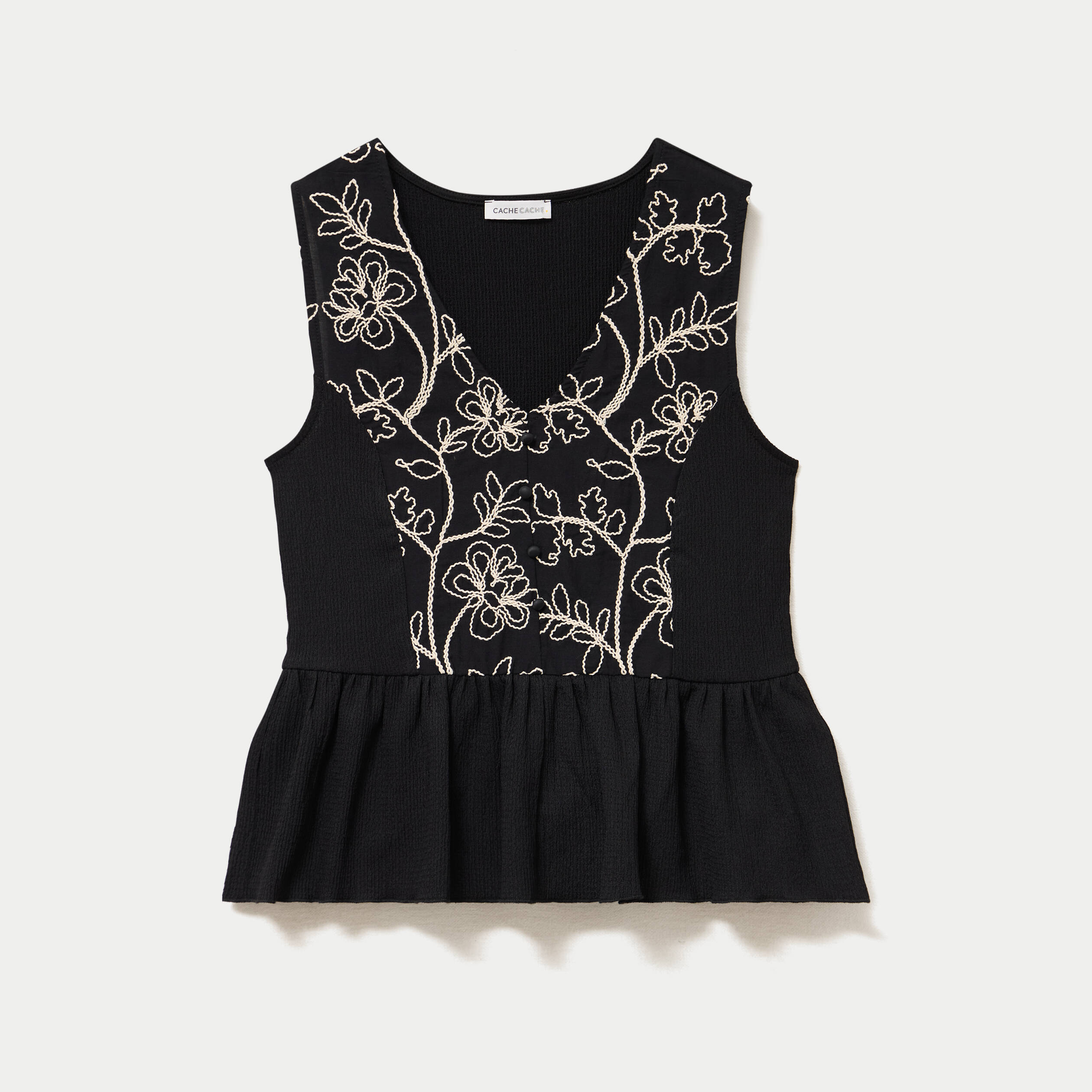 Blouse cintr&eacute;e sans manches col v noir femme