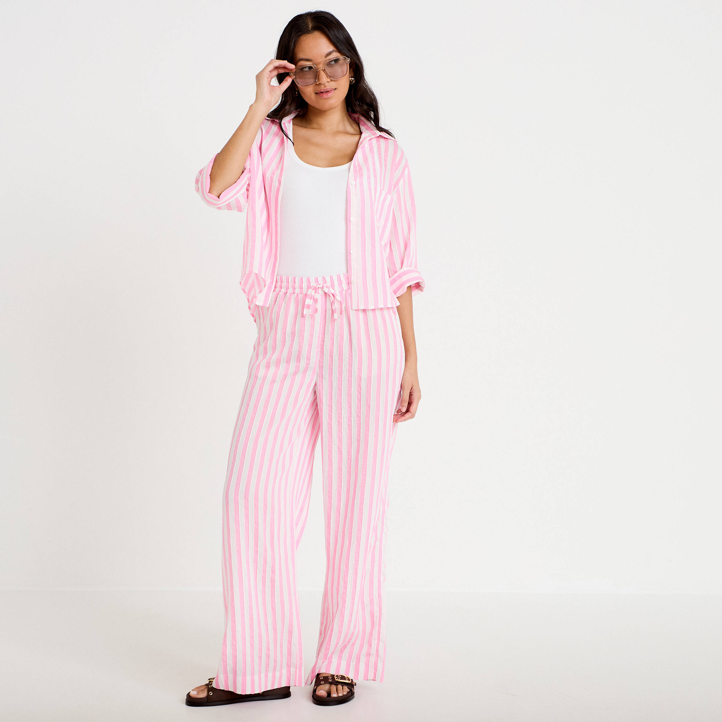 Blouse ample col tunisien manches 3/4 rose femme