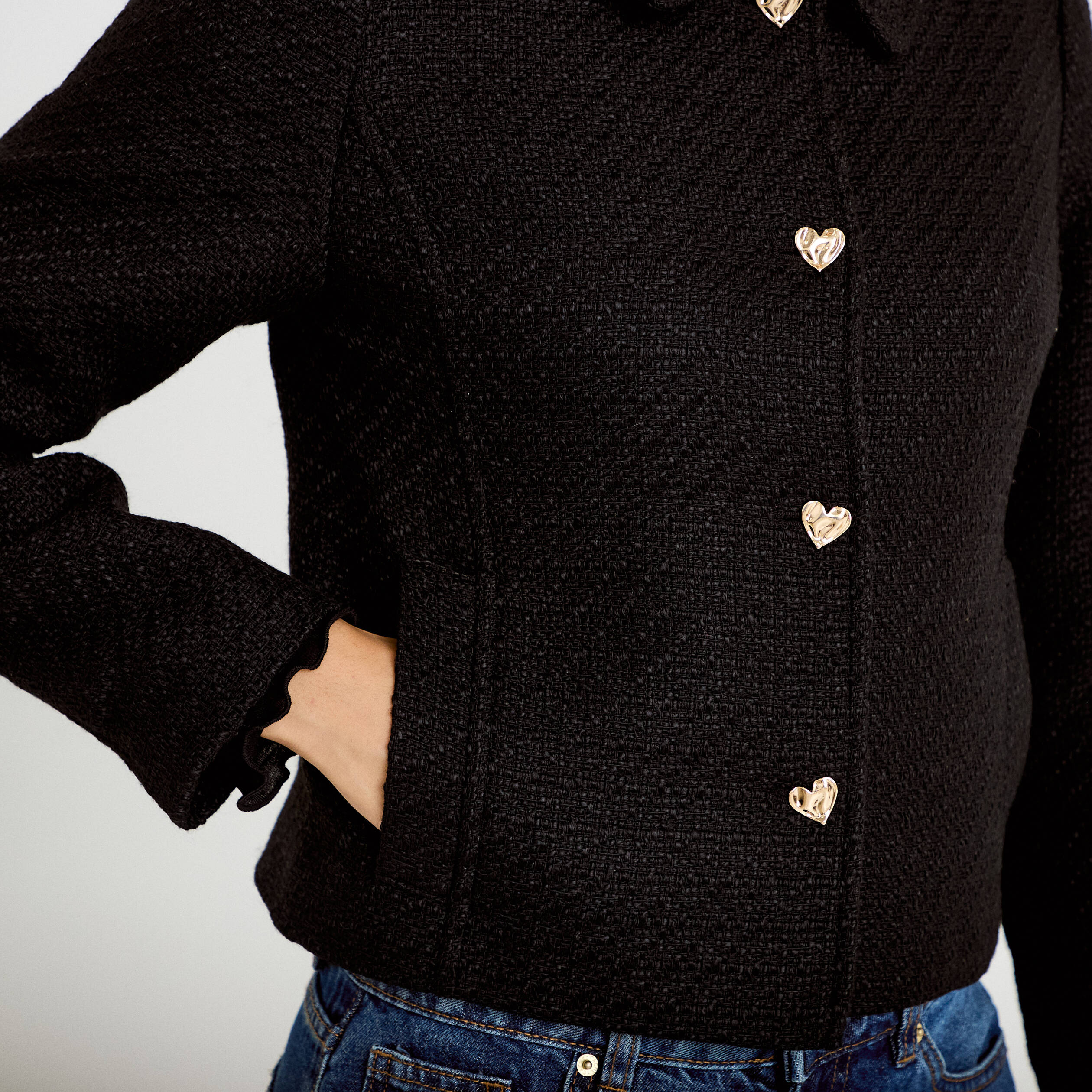 Veste droite en tweed col classique noir femme