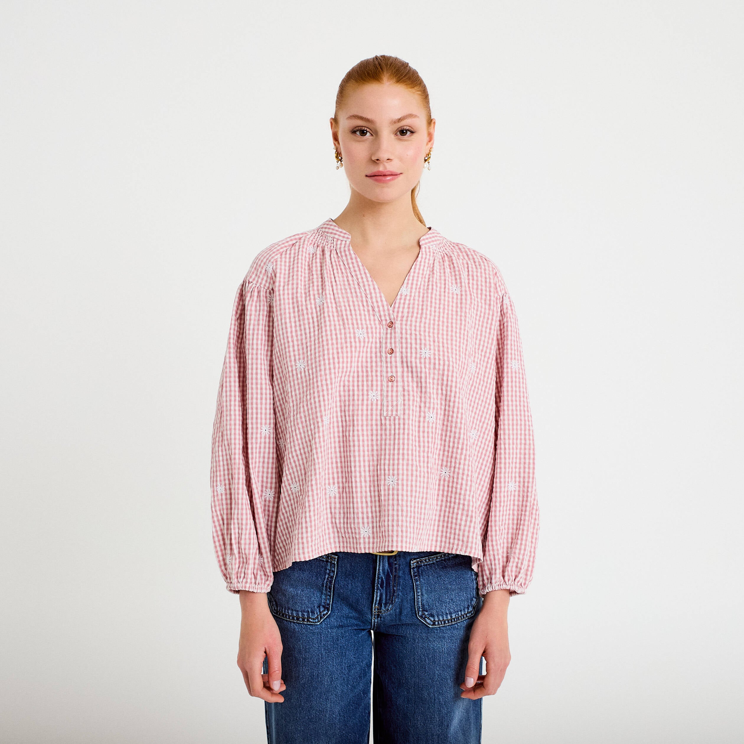 Blouse vichy brod&eacute;e rose femme