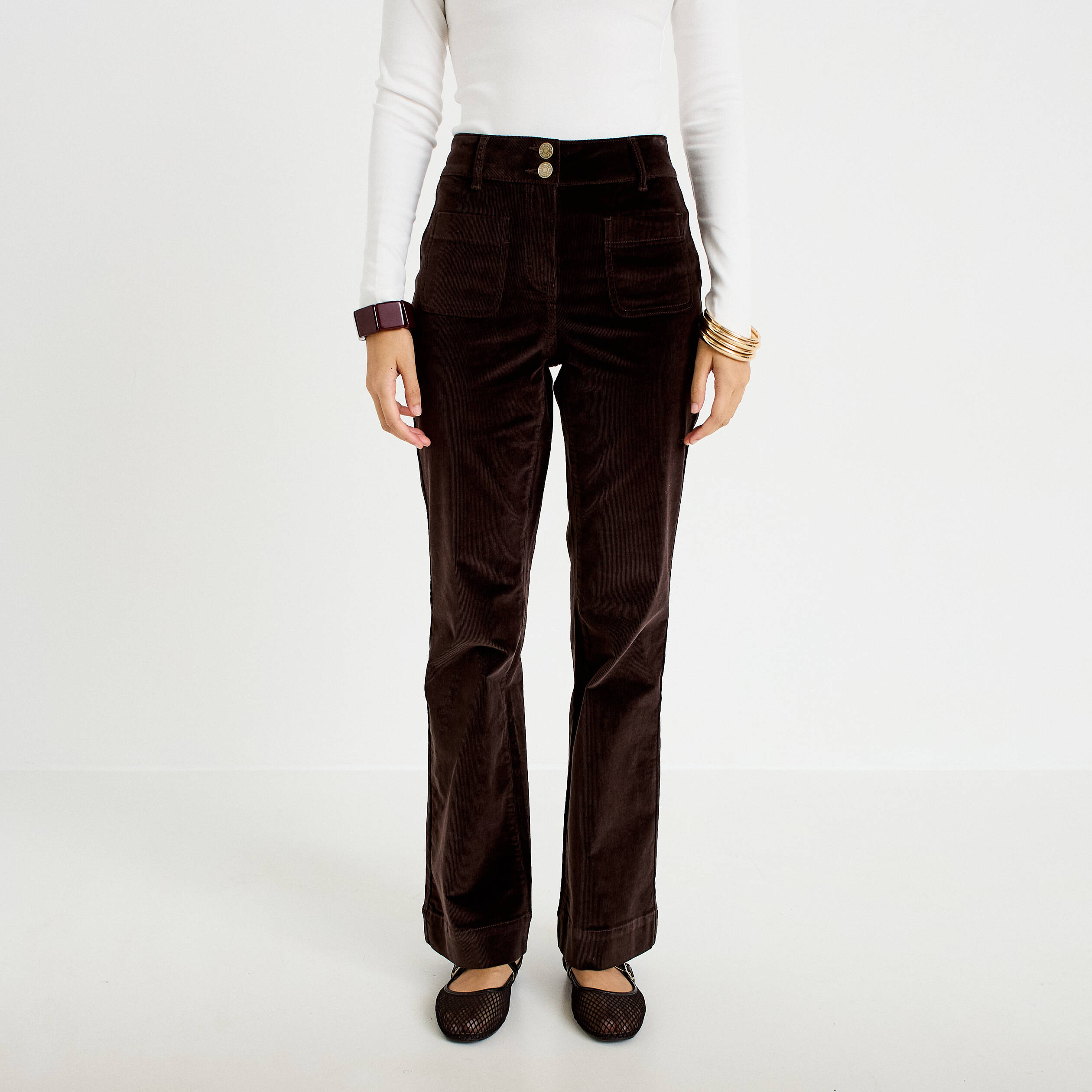 Pantalon bootcut taille haute velours marron fonc&eacute; femme