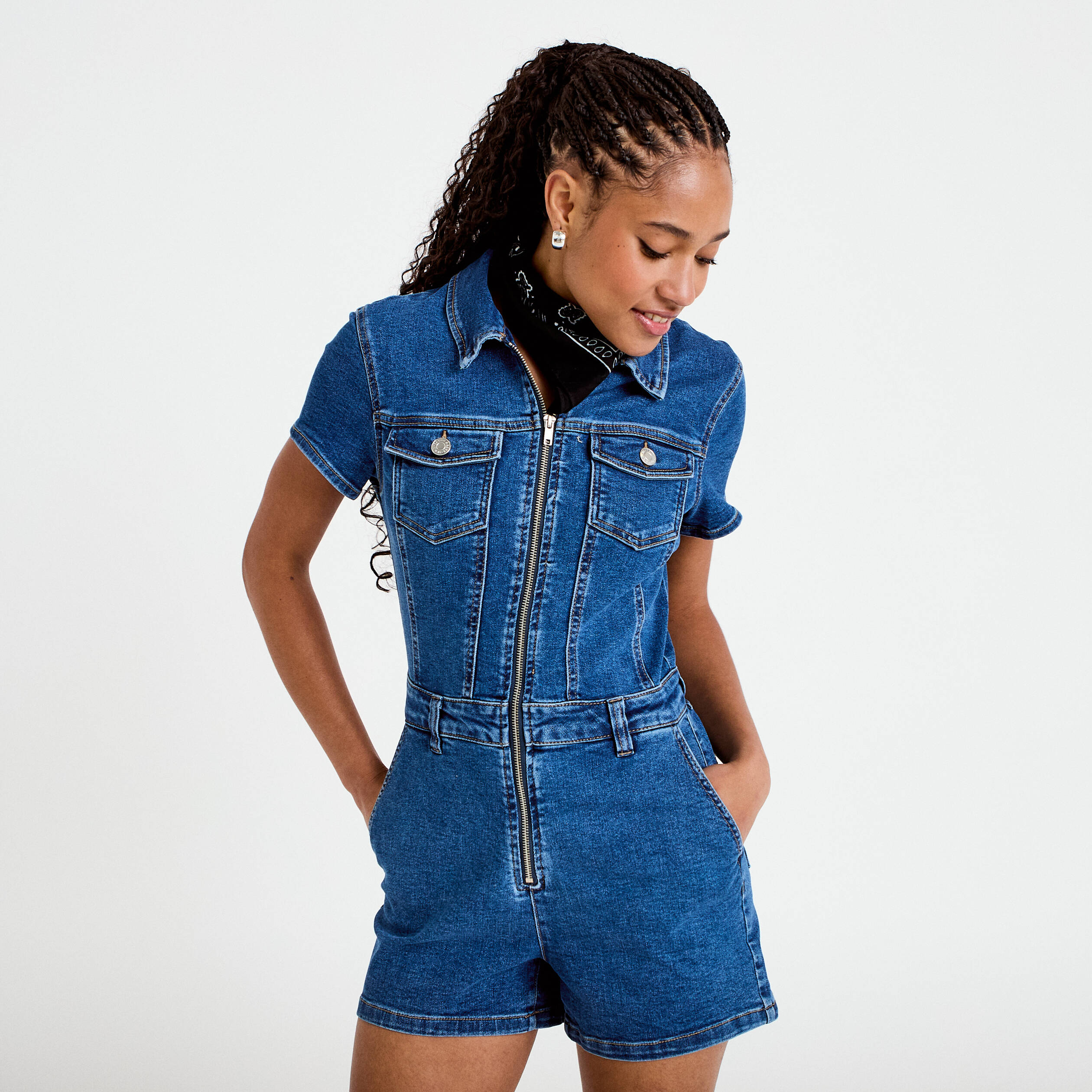 Combishort en jean denim double stone femme