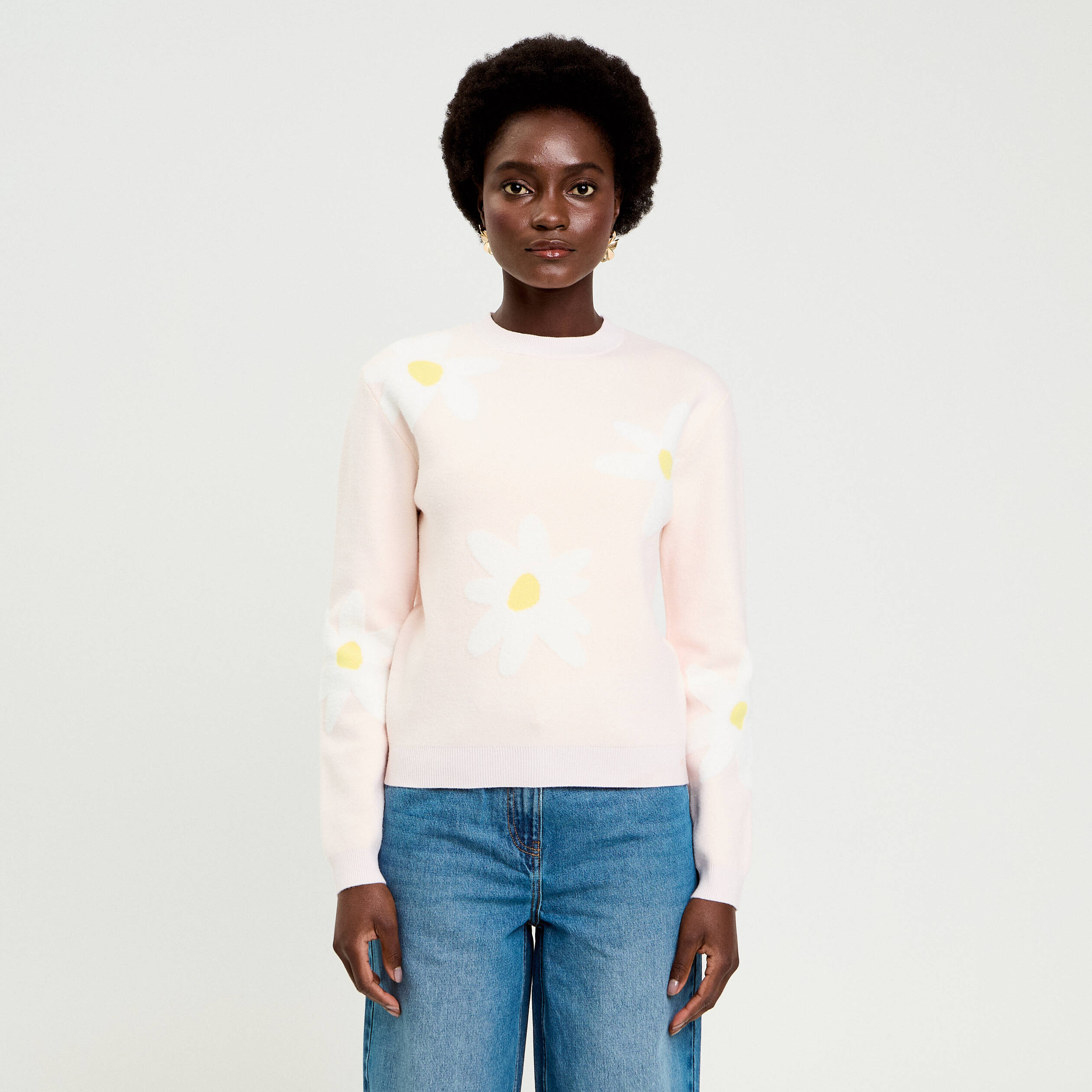 Pull motif fleurs rose clair femme