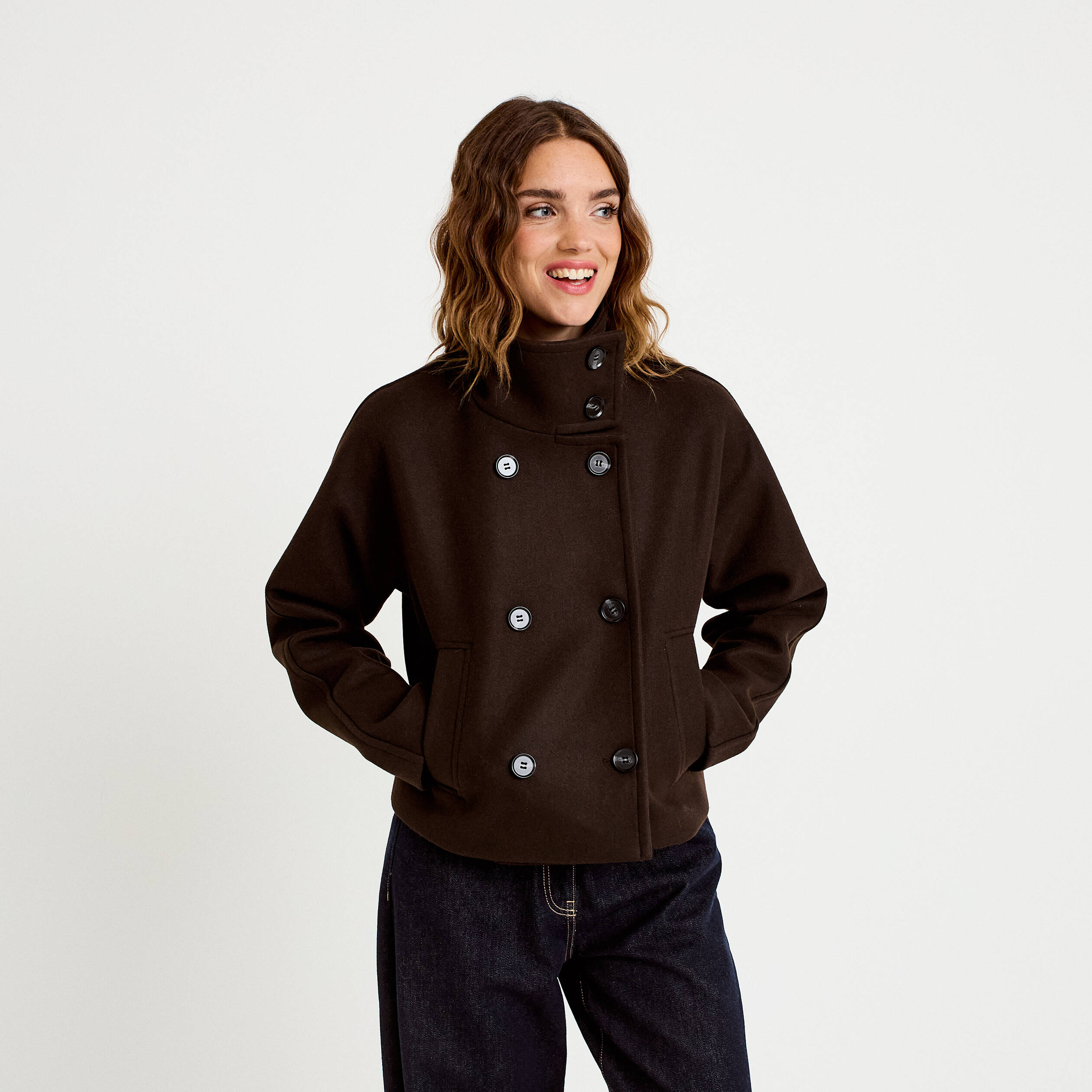 Caban court col montant marron fonc&eacute; femme