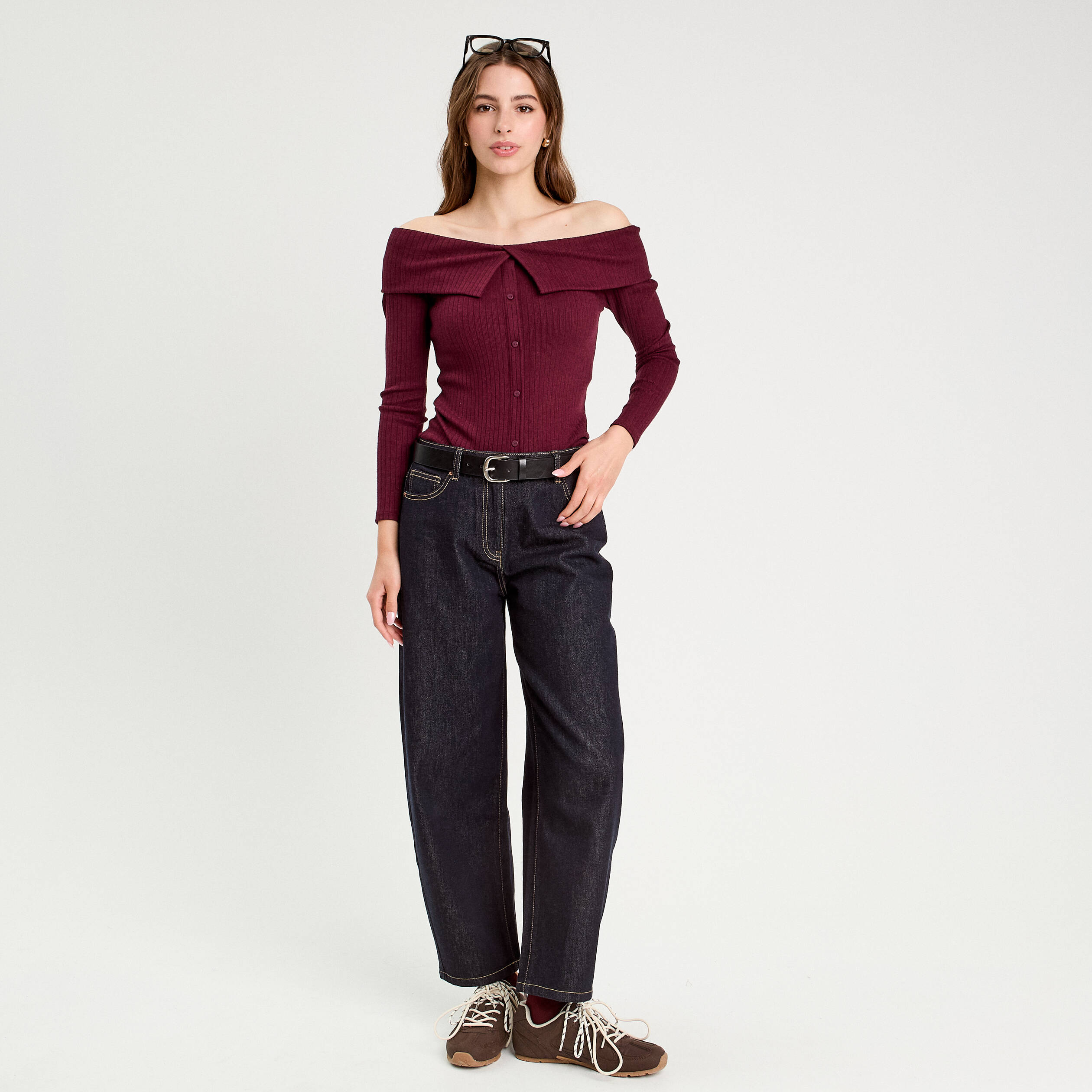 T-shirt c&ocirc;tel&eacute; col bardot violet fonc&eacute; femme