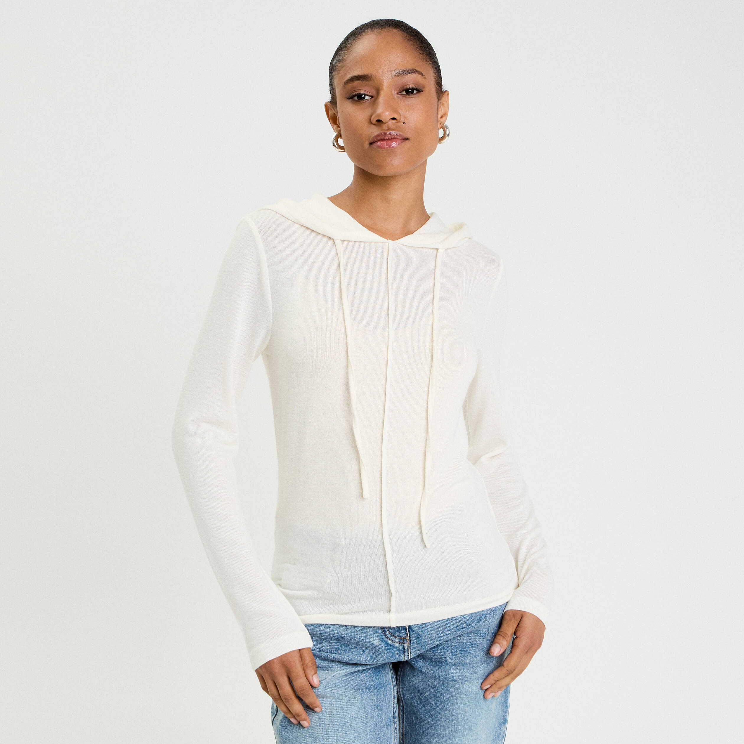 Pull &agrave; capuche ecru femme