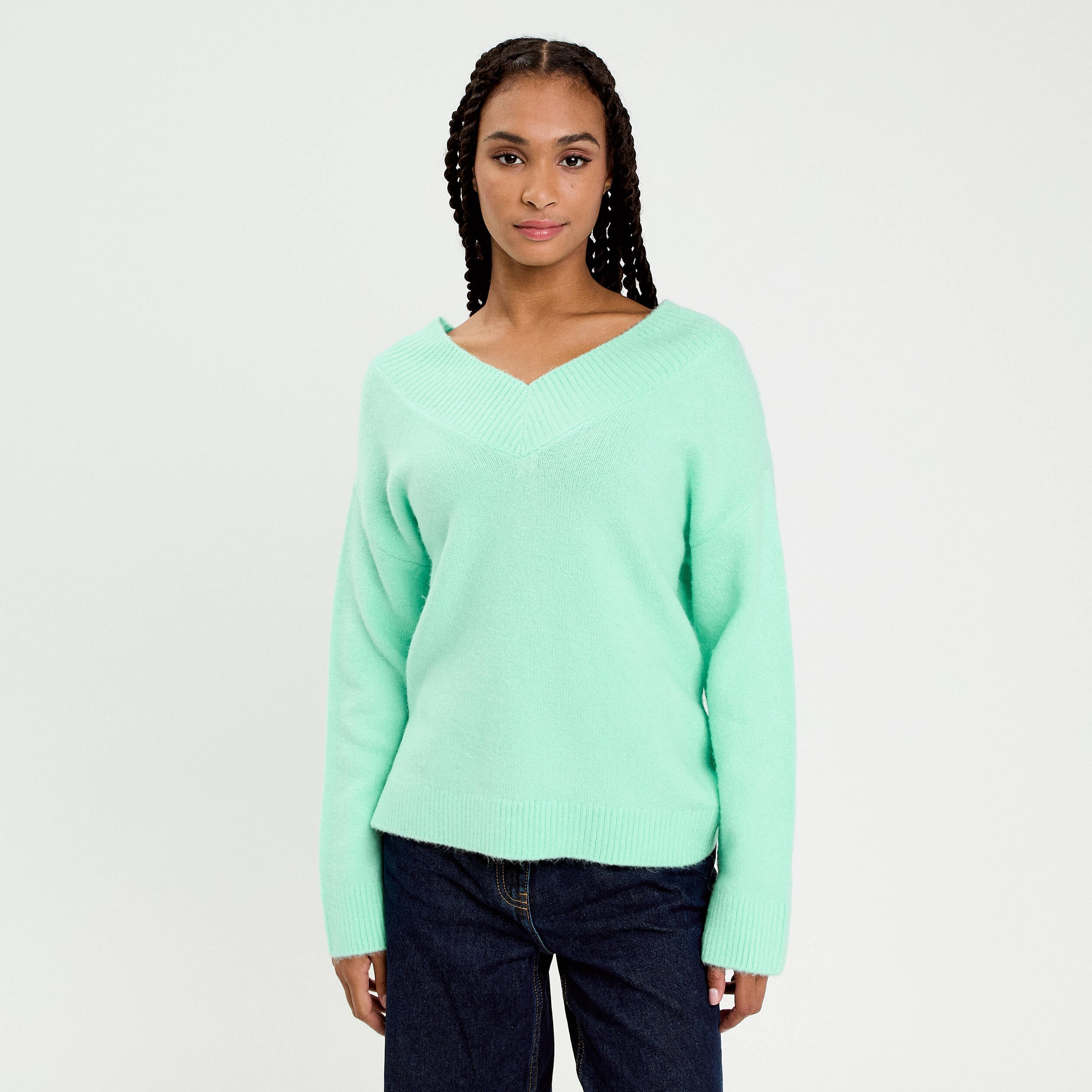 Pull oversize col v manches longues vert menthe femme
