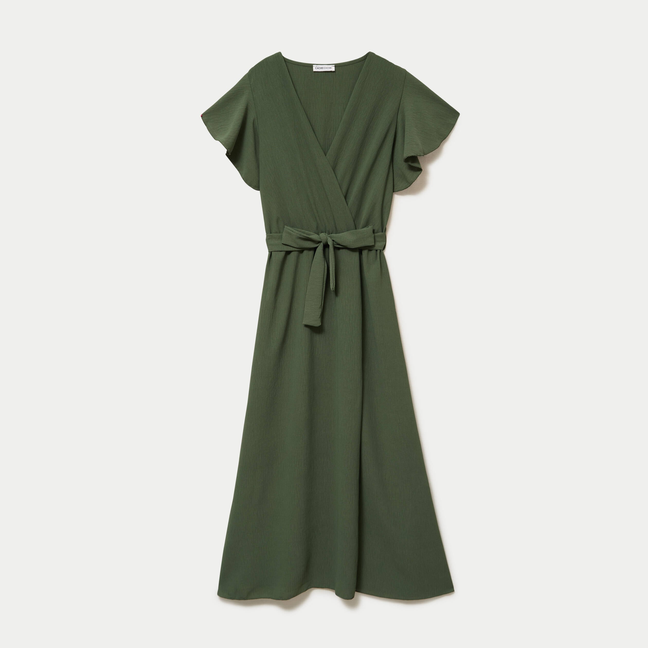 Robe longue &eacute;vas&eacute;e manches courtes vert kaki femme
