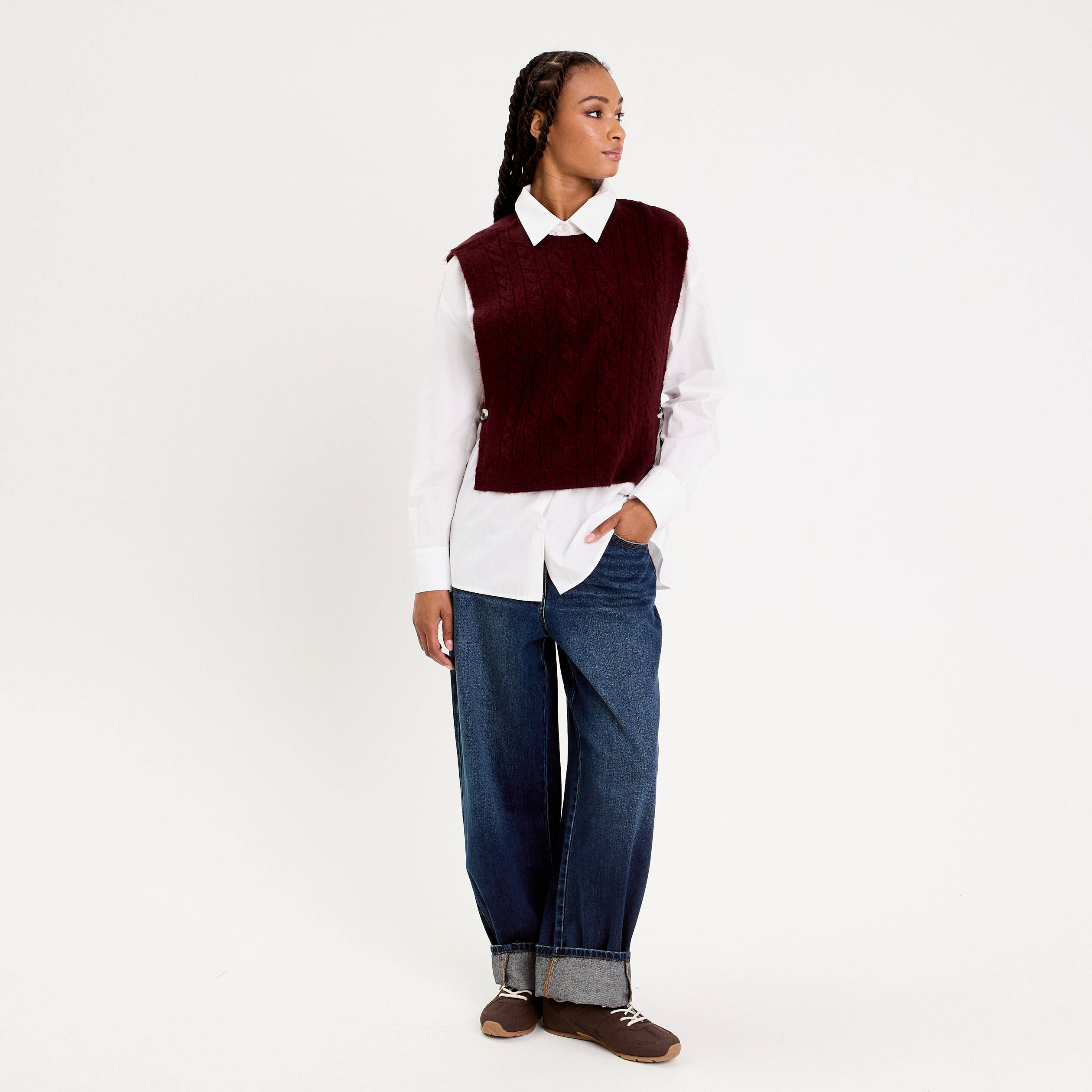 Pull sans manches torsad&eacute; violet fonc&eacute; femme