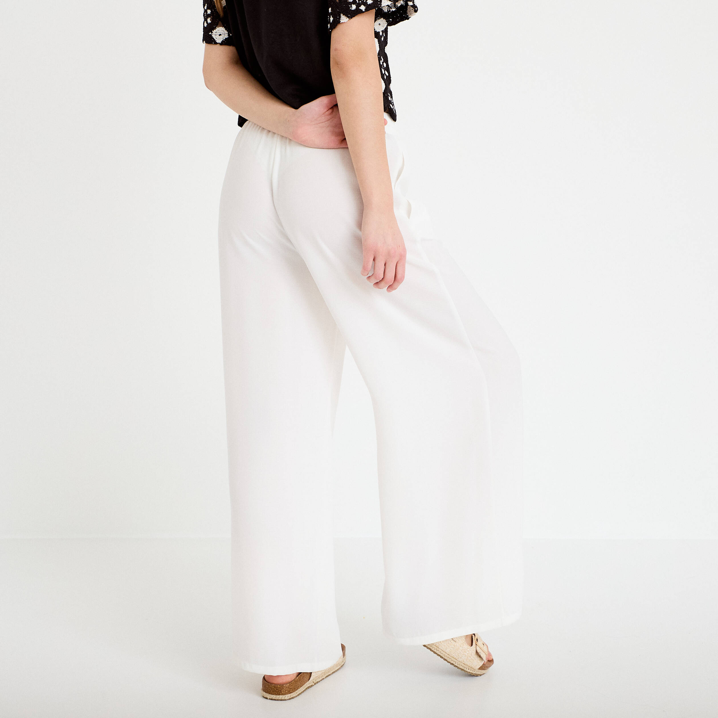 Pantalon large fluide ecru femme