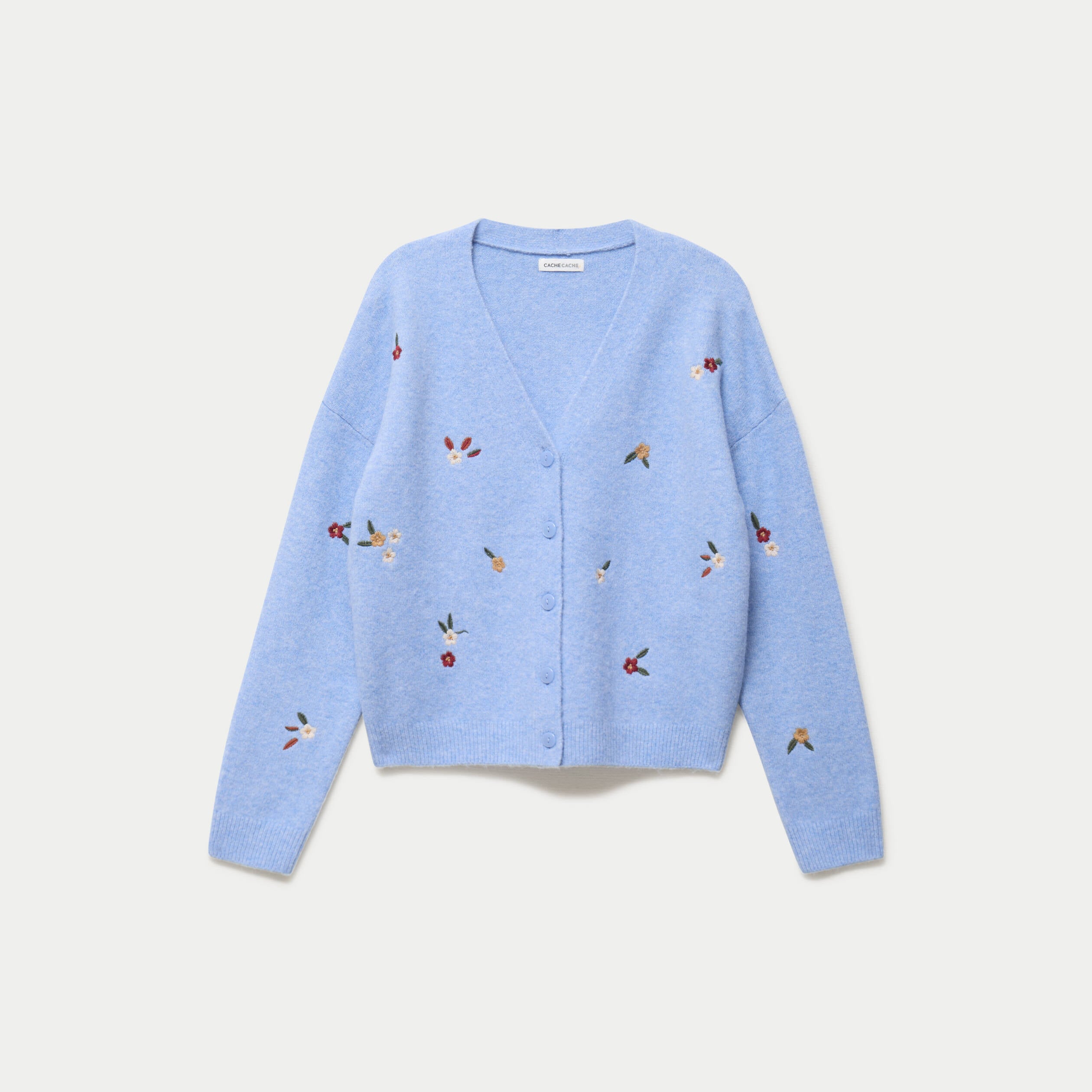 Gilet manches longues fleurs brod&eacute;es bleu ciel femme