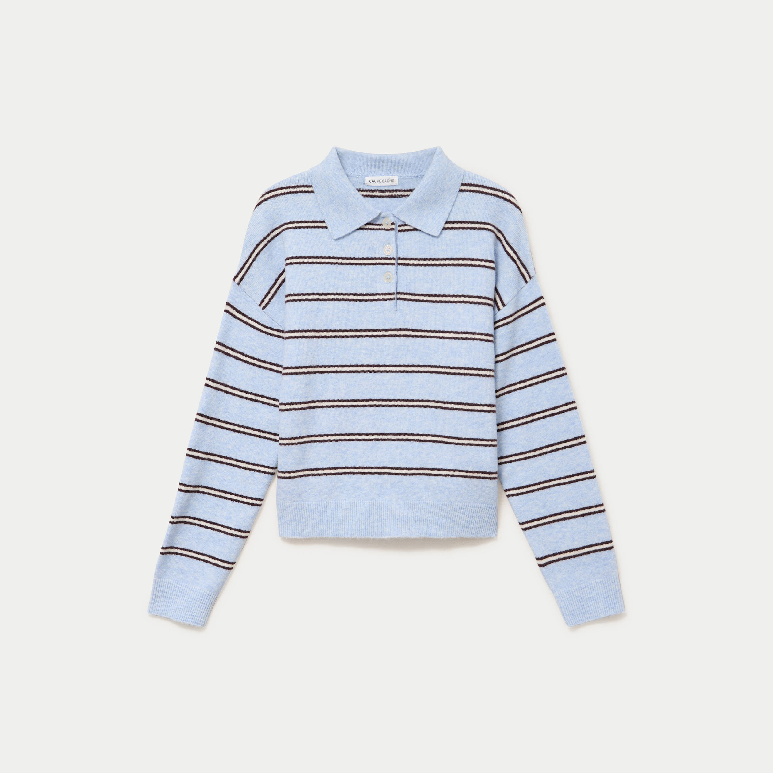 Polo manches longues col chemise bleu ciel femme