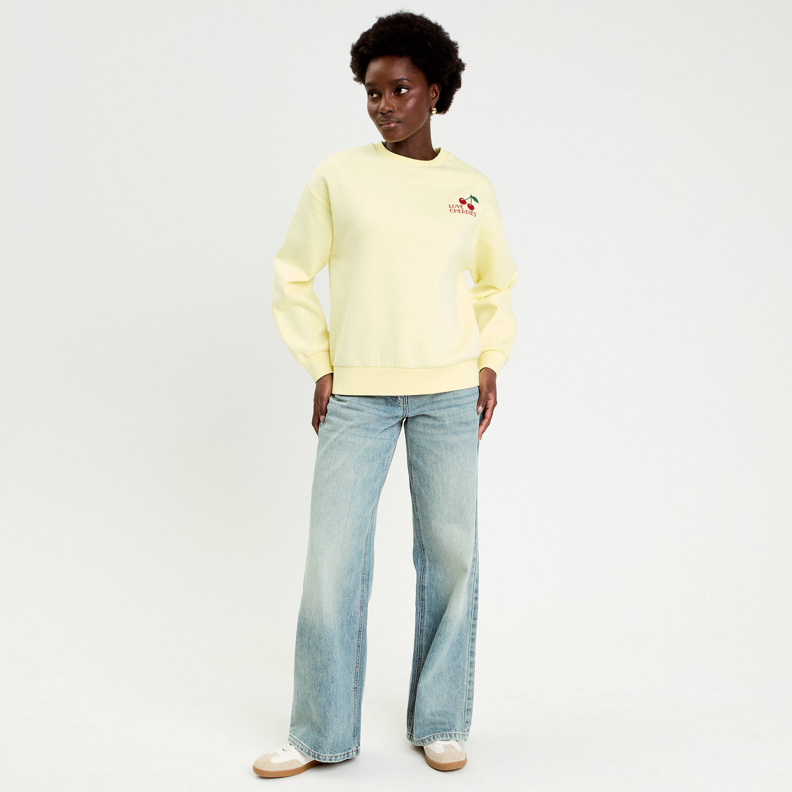 Sweat col rond manches longues jaune clair femme