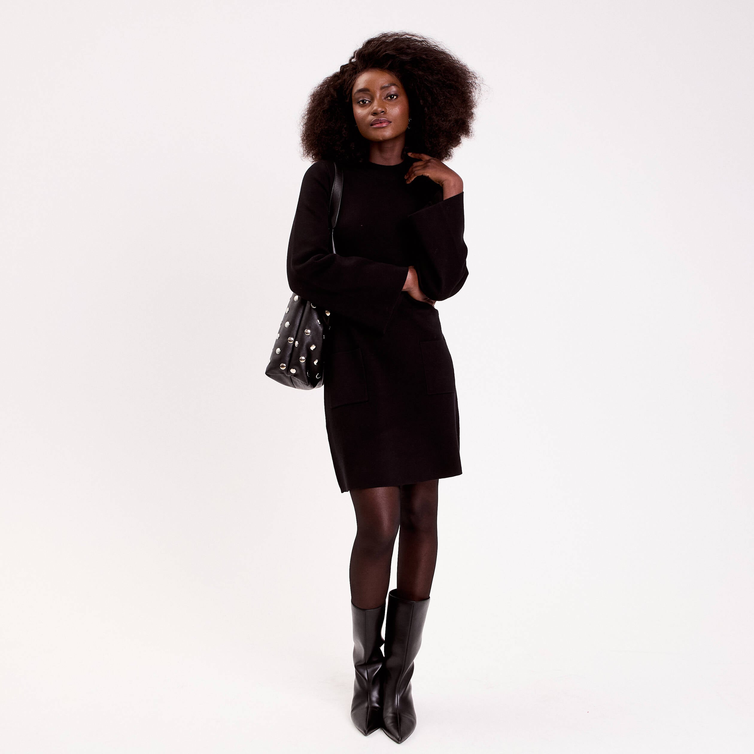 Robe manches longues col montant noir femme