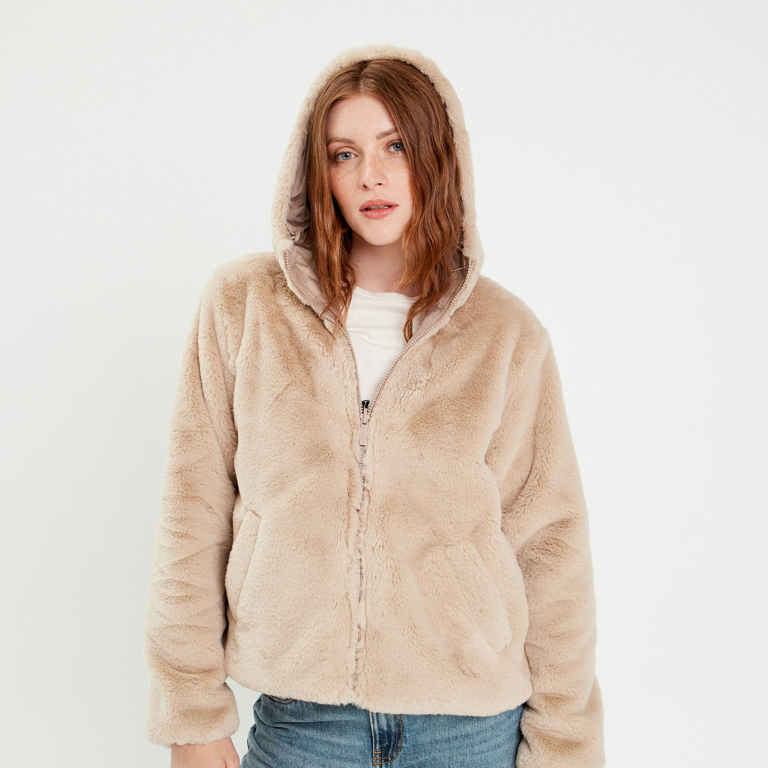 Parka r&eacute;versible &agrave; capuche beige femme