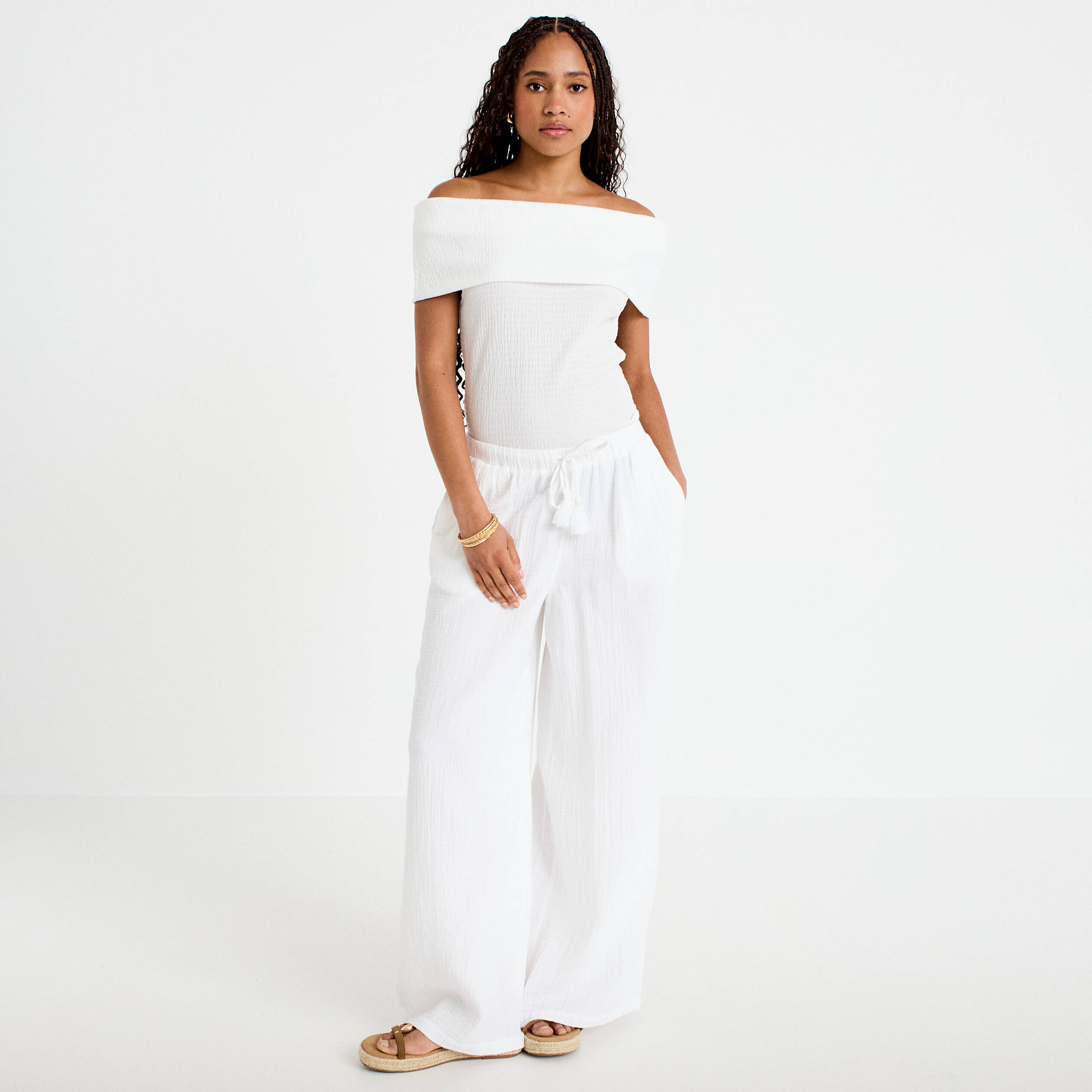Top col bardot ecru femme