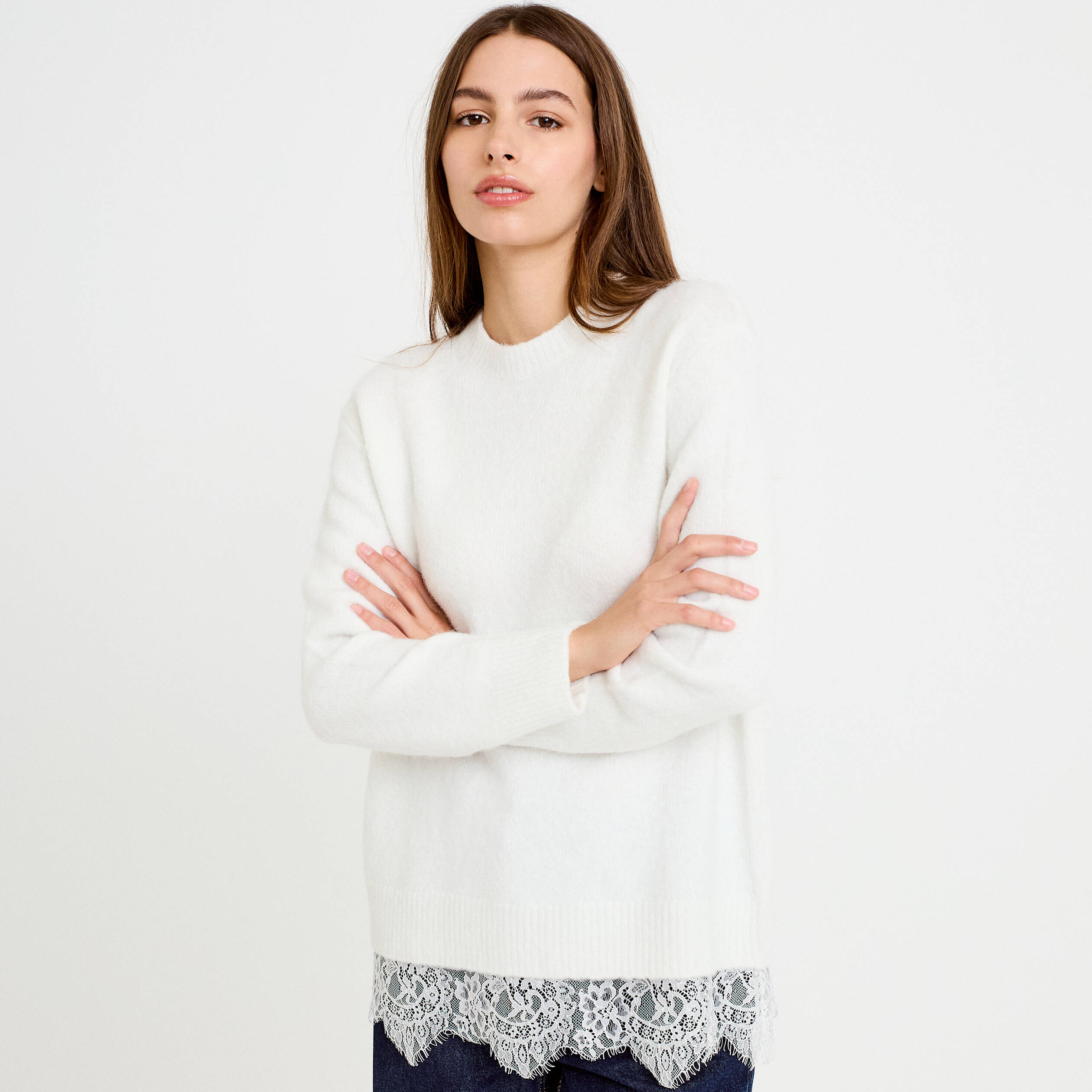 Pull manches longues avec dentelle ecru femme