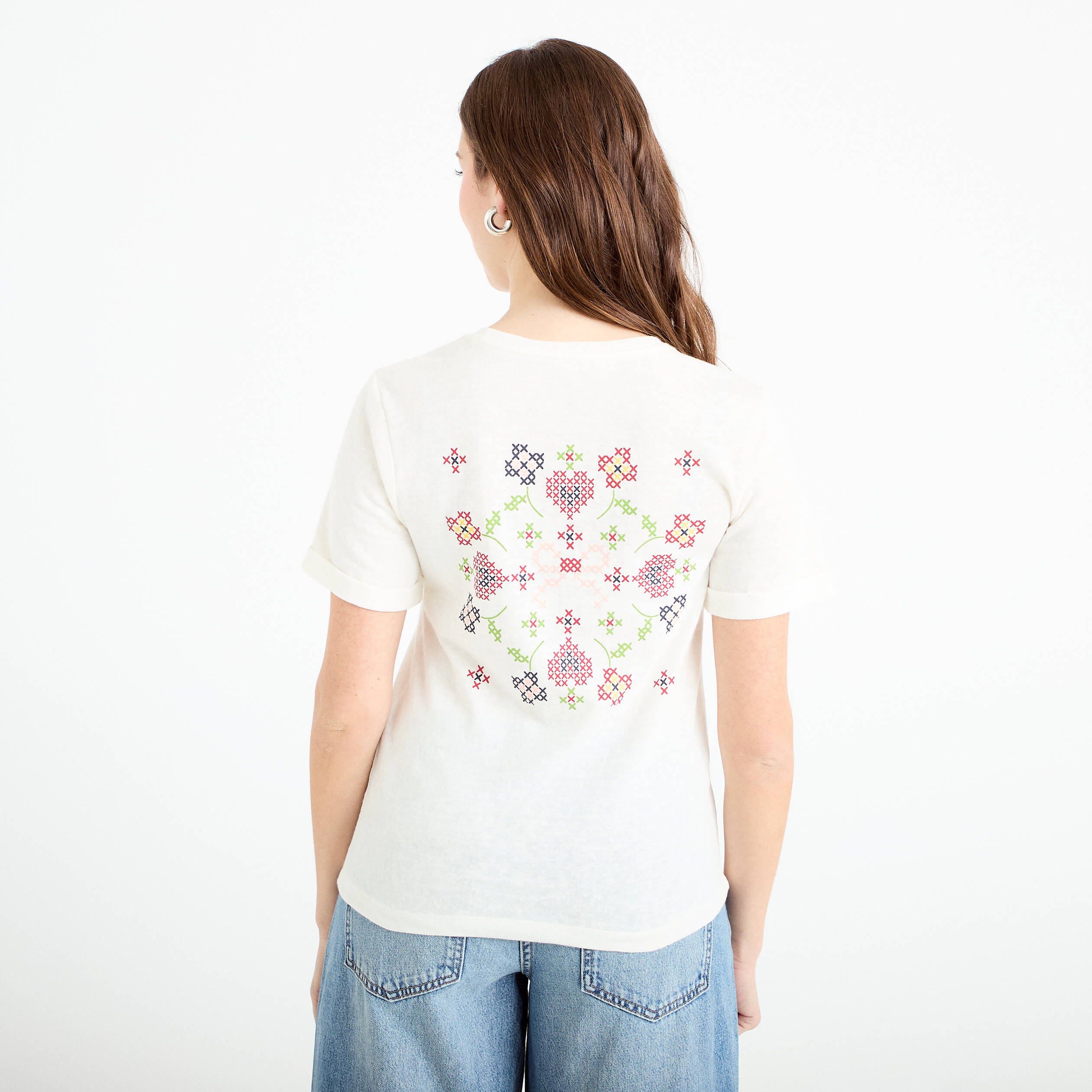 T-shirt col rond manches courtes ecru femme