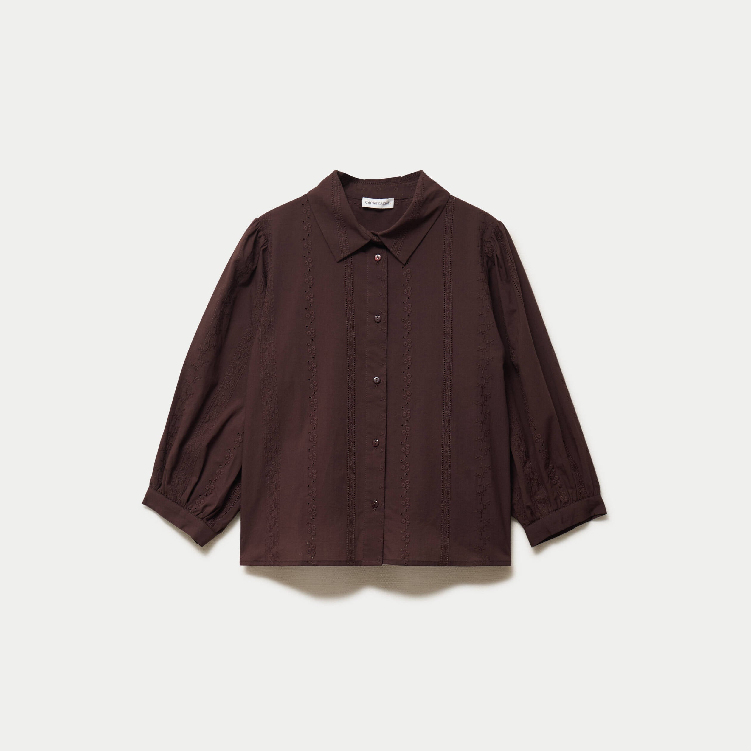 Chemise droite col classique manches 3/4 marron fonc&eacute; femme