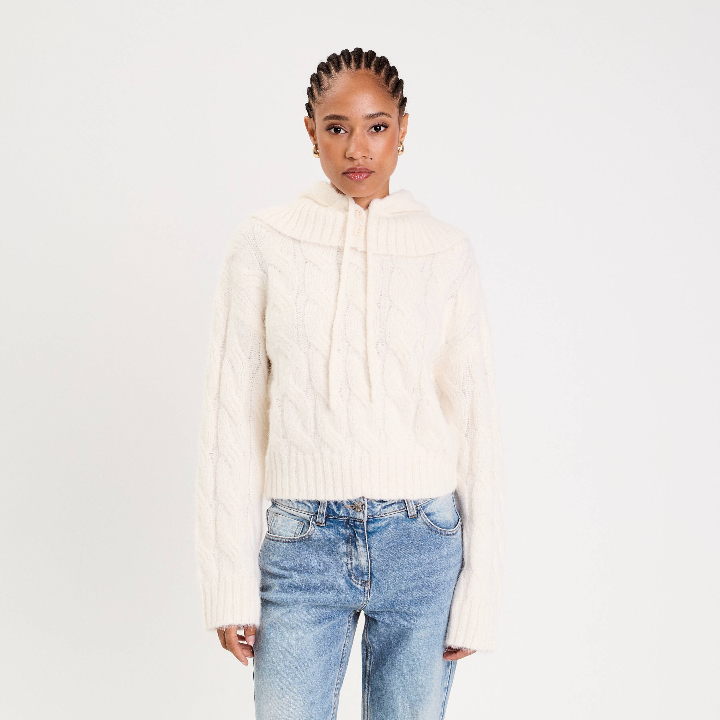 Pull 2-en-1 &agrave; capuche amovible ecru femme