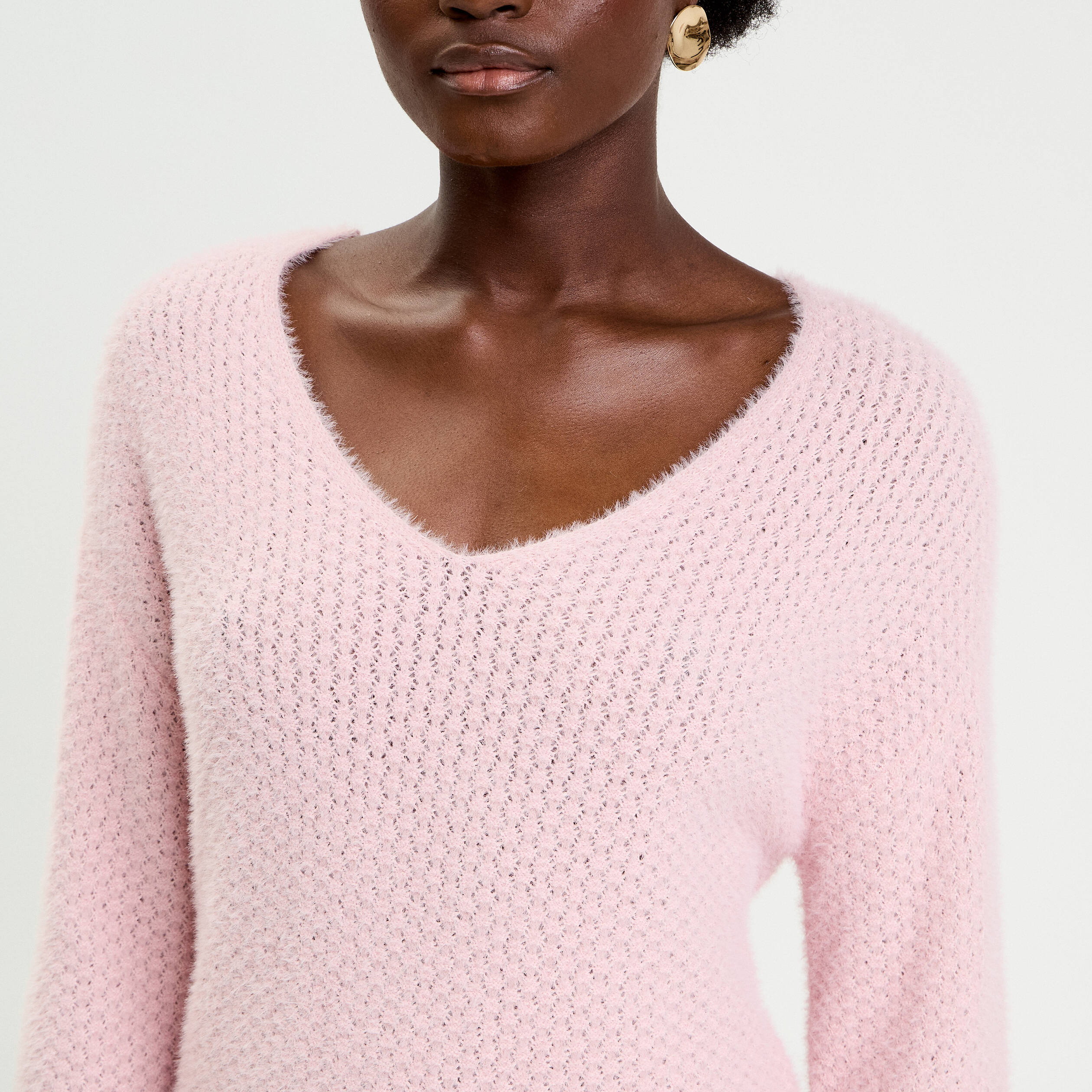 Pull col v manches longues rose pastel femme