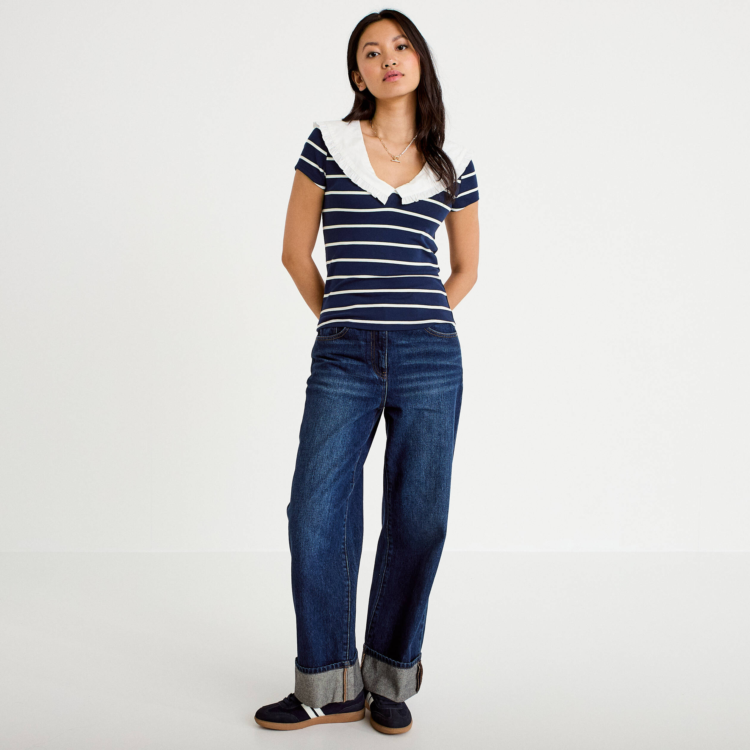 T-shirt col marin &agrave; volants ecru femme