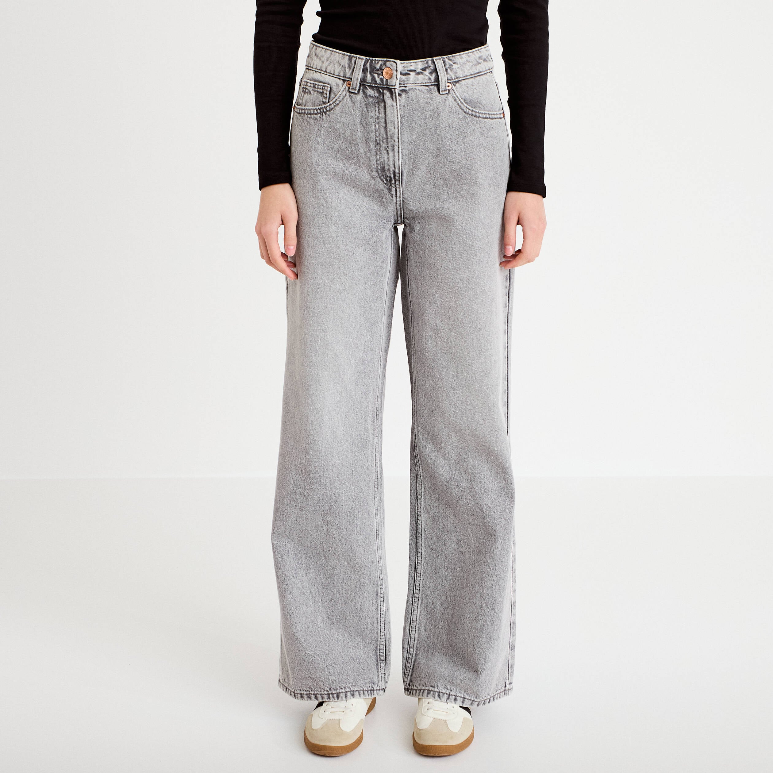Jeans wide leg taille haute denim gris femme