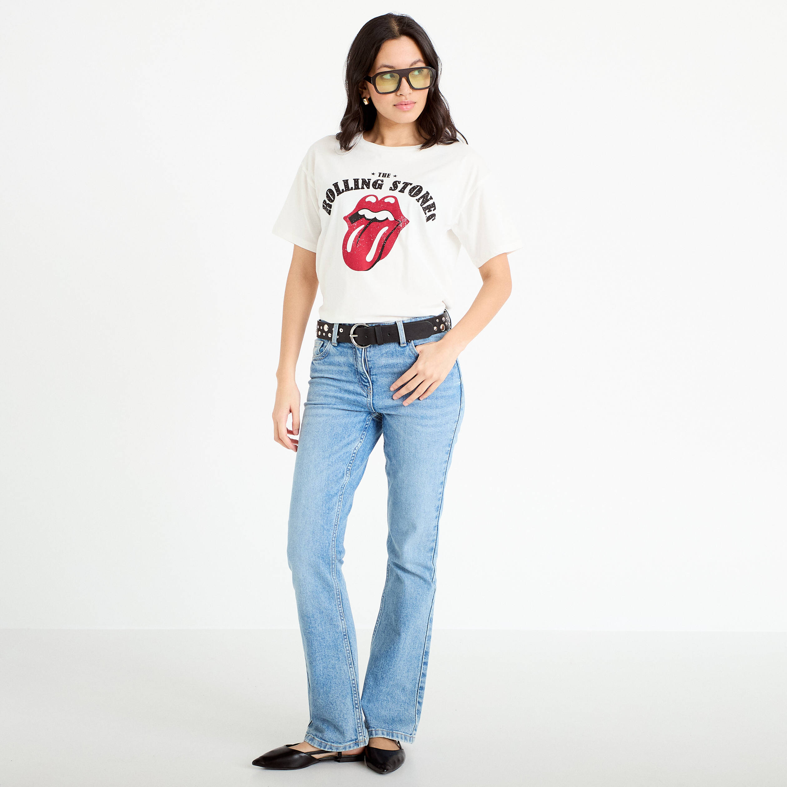 T-shirt oversize col rond rolling stones ecru femme