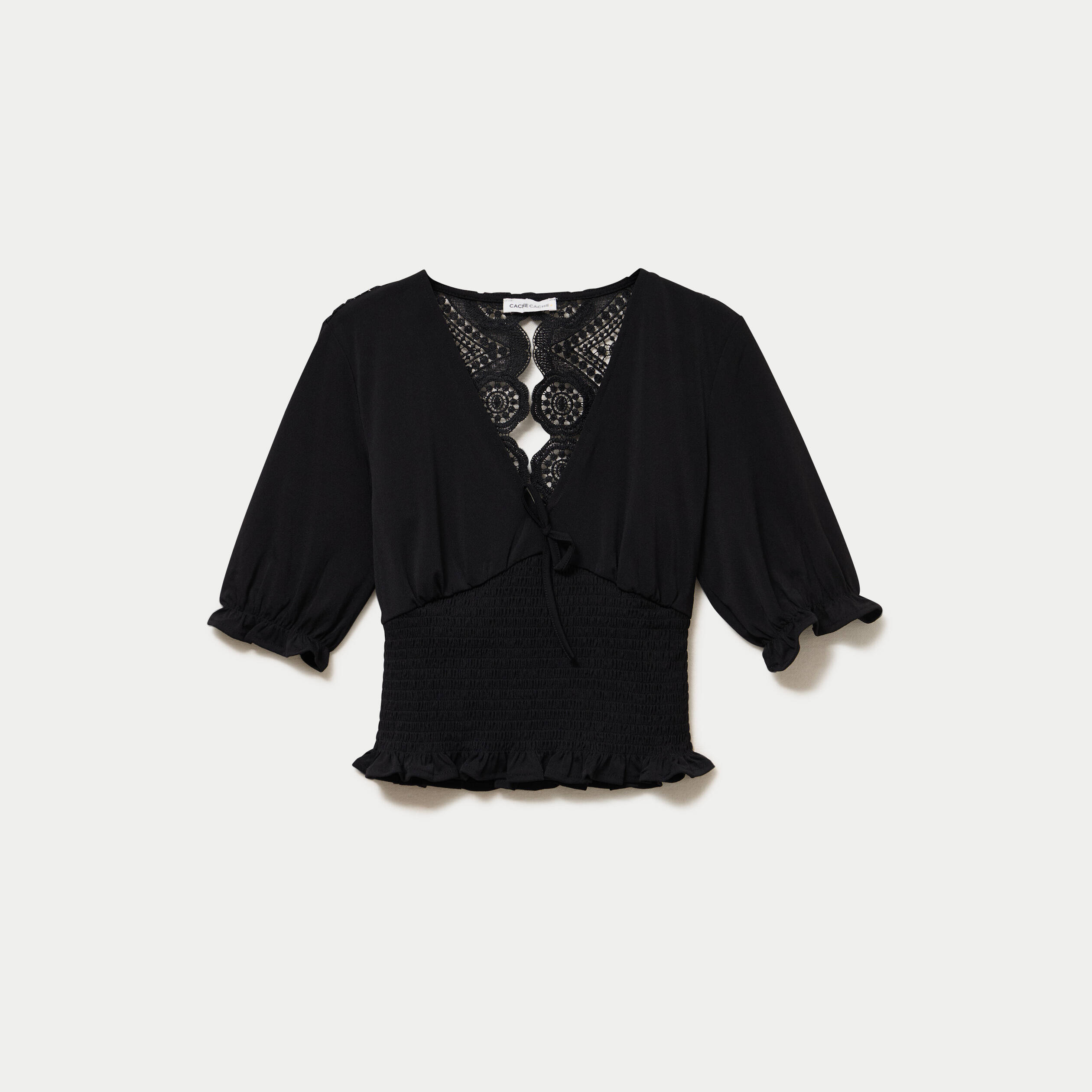 Blouse manches courtes smock&eacute;e noir femme