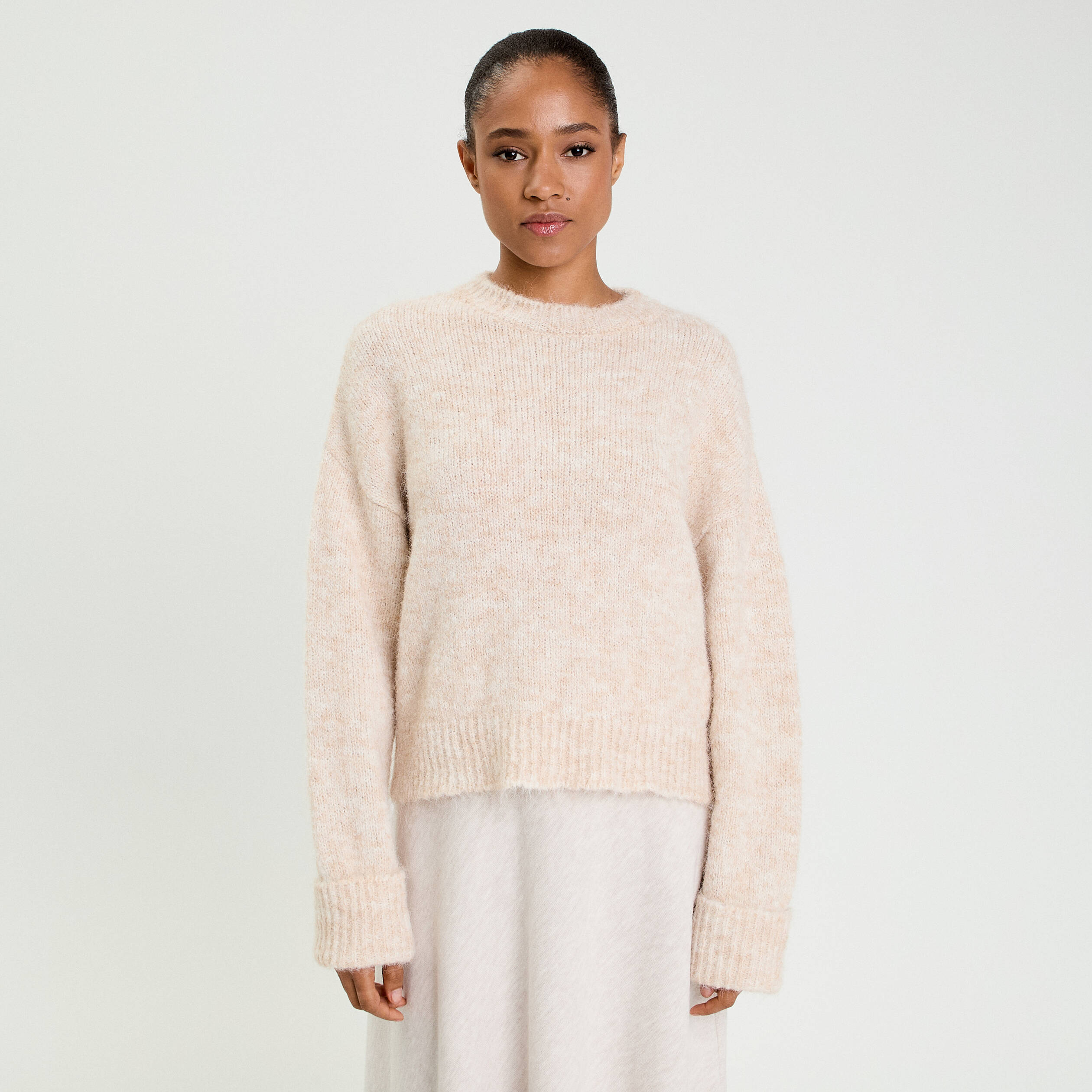 Pull col rond beige femme