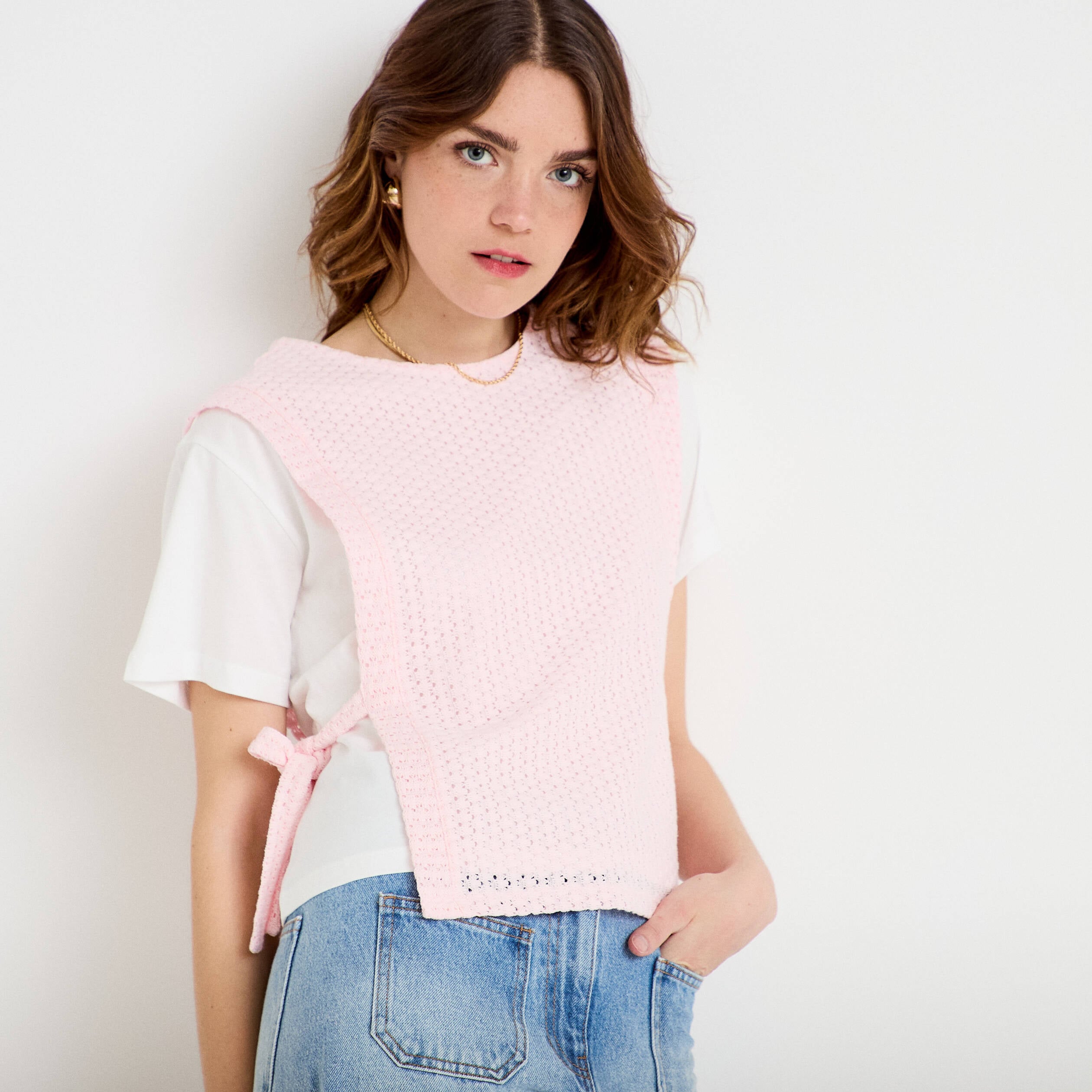T-shirt 2-en-1 col rond manches courtes rose clair femme