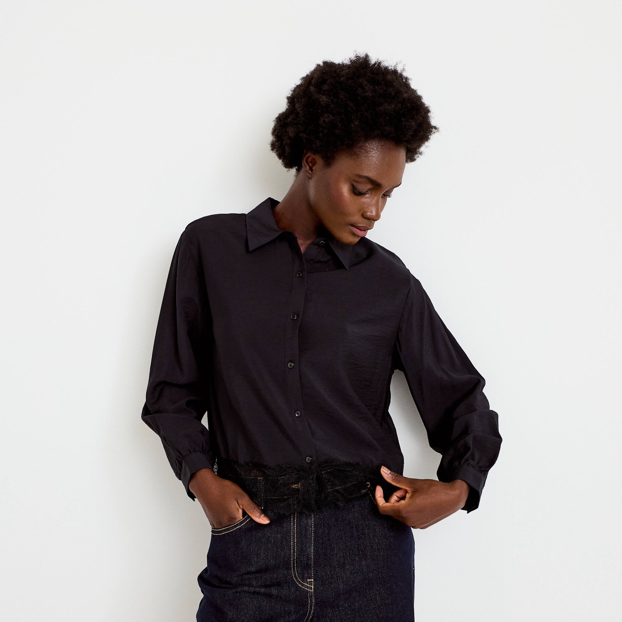 Chemise droite manches longues dentelle noir femme