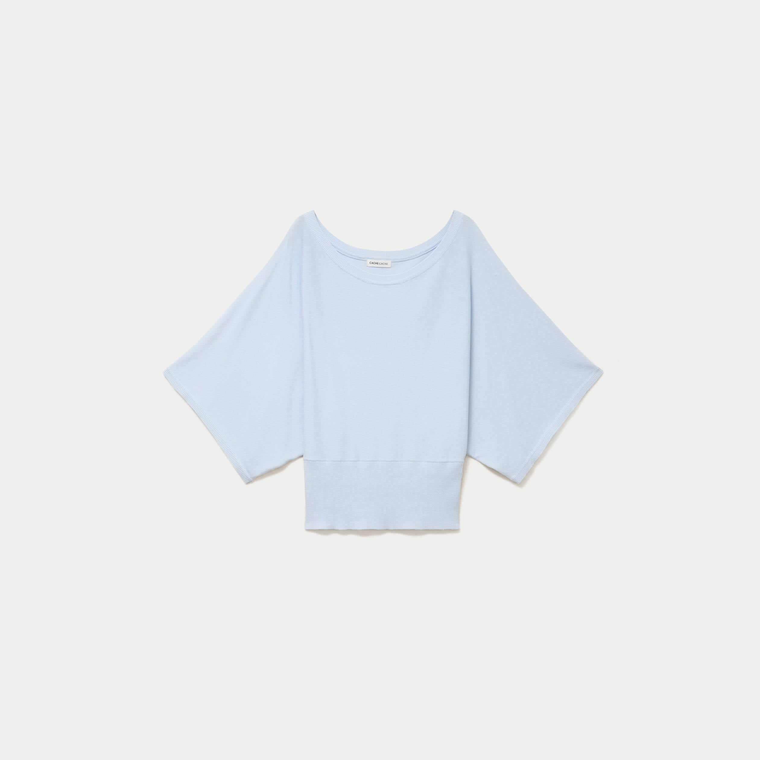 Pull ample manches courtes col rond bleu ciel femme