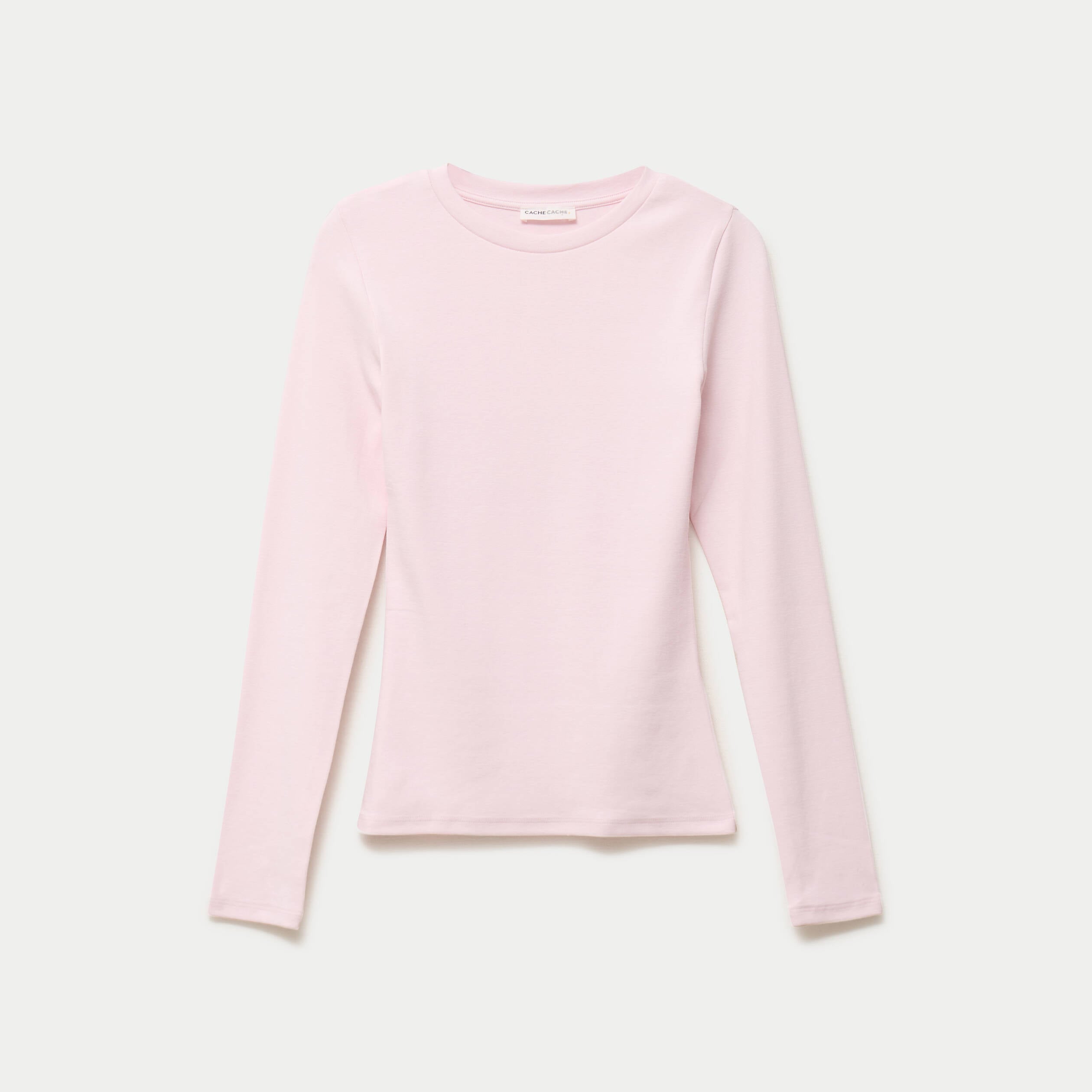 T-shirt cintr&eacute; col rond manches longues rose clair femme