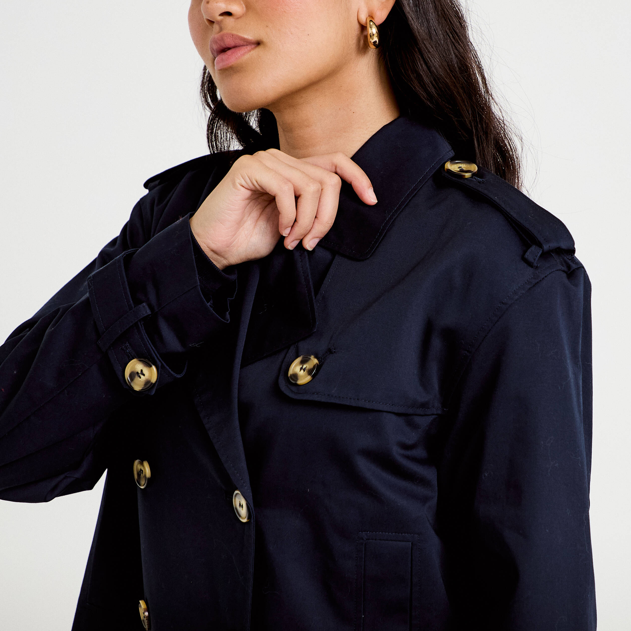 Trench droit court col tailleur bleu marine femme