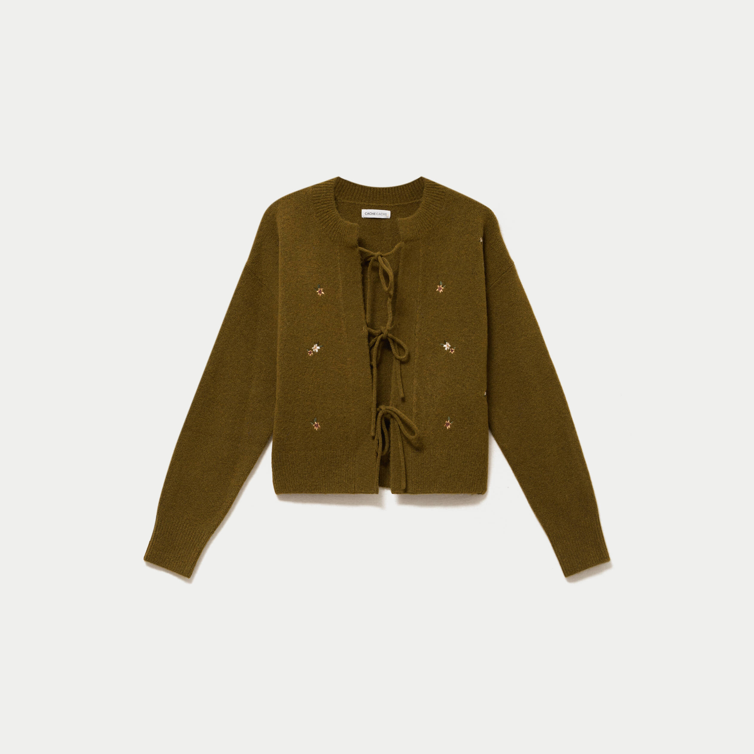 Gilet manches longues brod&eacute; noeuds vert olive femme