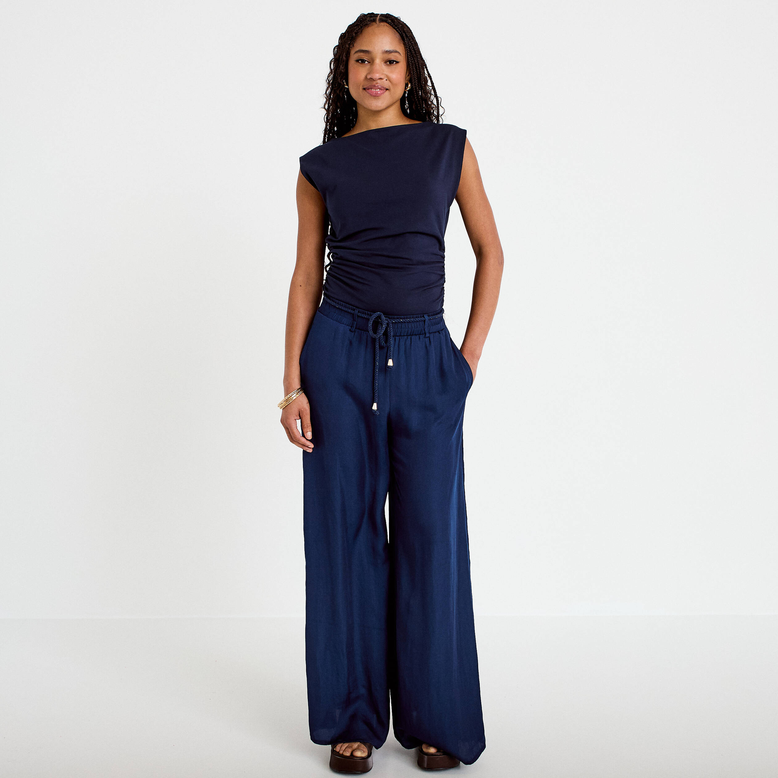 Pantalon large taille standard bleu marine femme