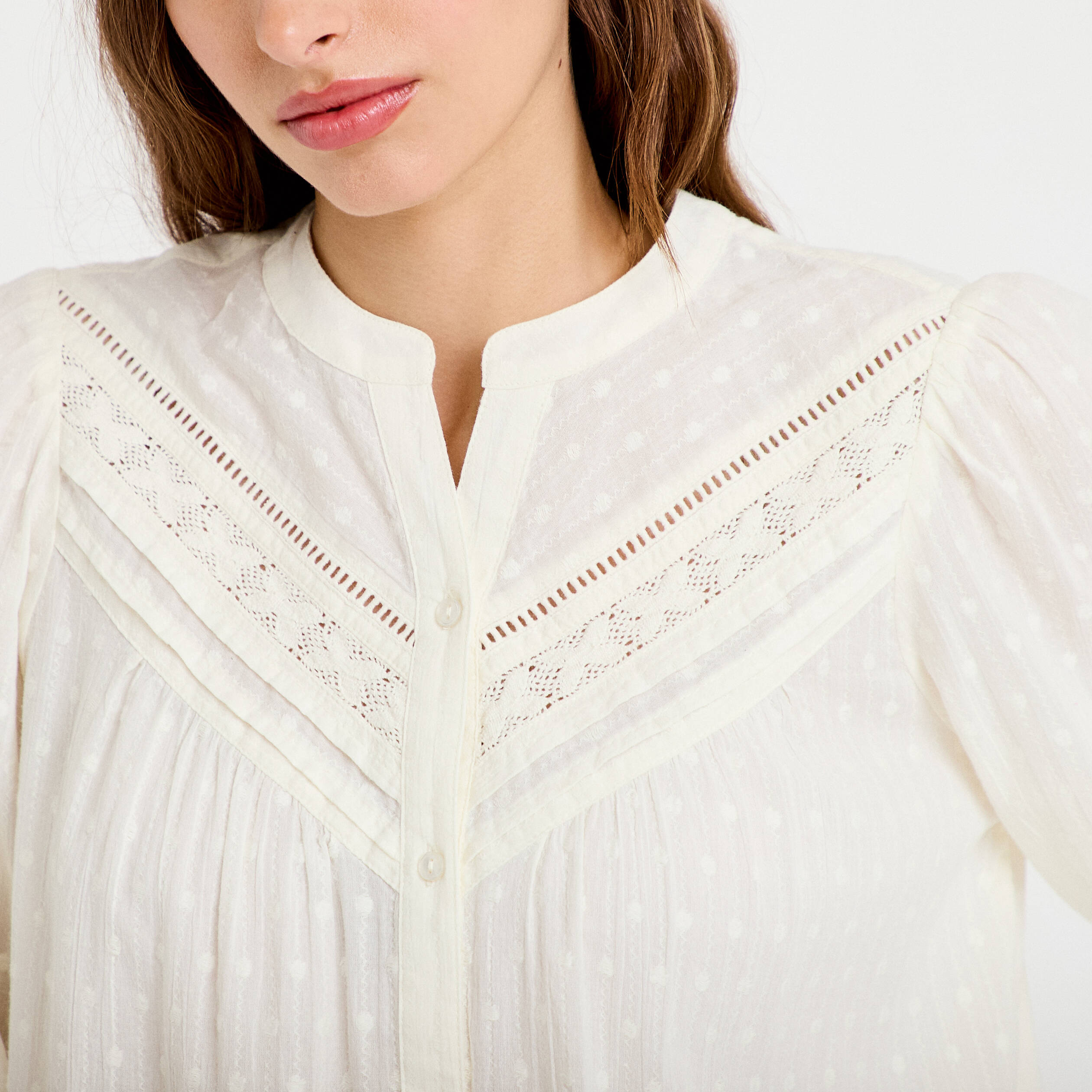 Blouse droite col rond manches longues ecru femme