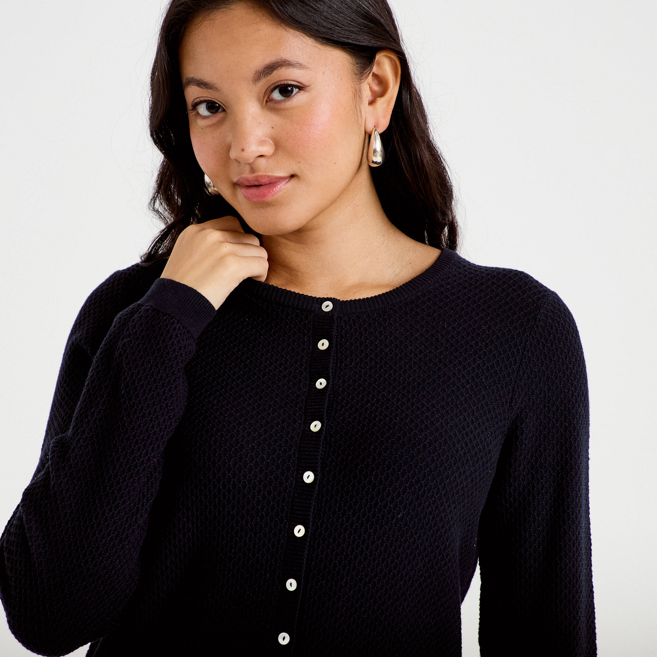 Gilet ajour&eacute; manches longues bleu marine femme